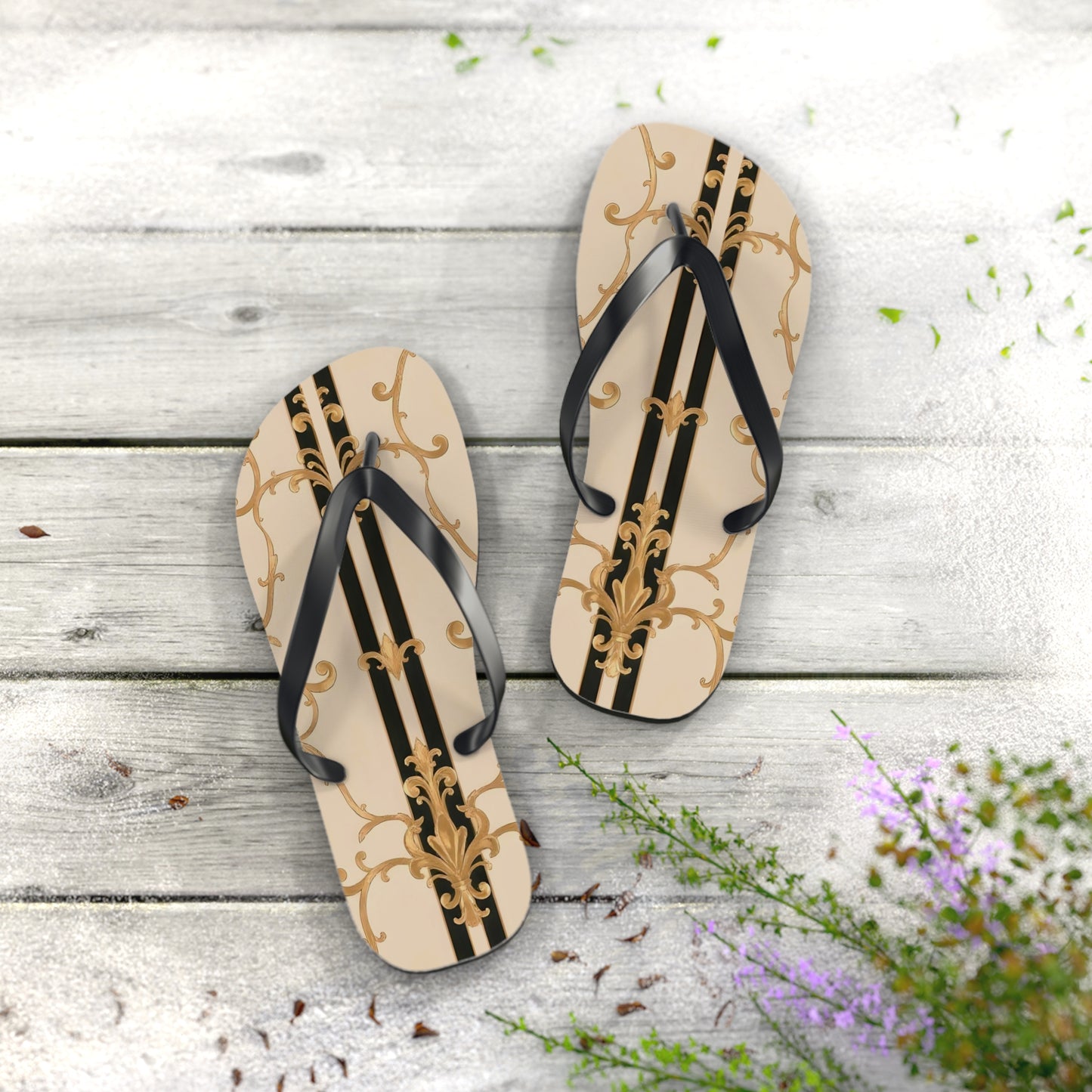 Chic Floral Flip Flops | Stylish Summer Sandals for Beach, Pool, Vacation, Travel, Fun In The Sun - Black & Beige Striped Damask