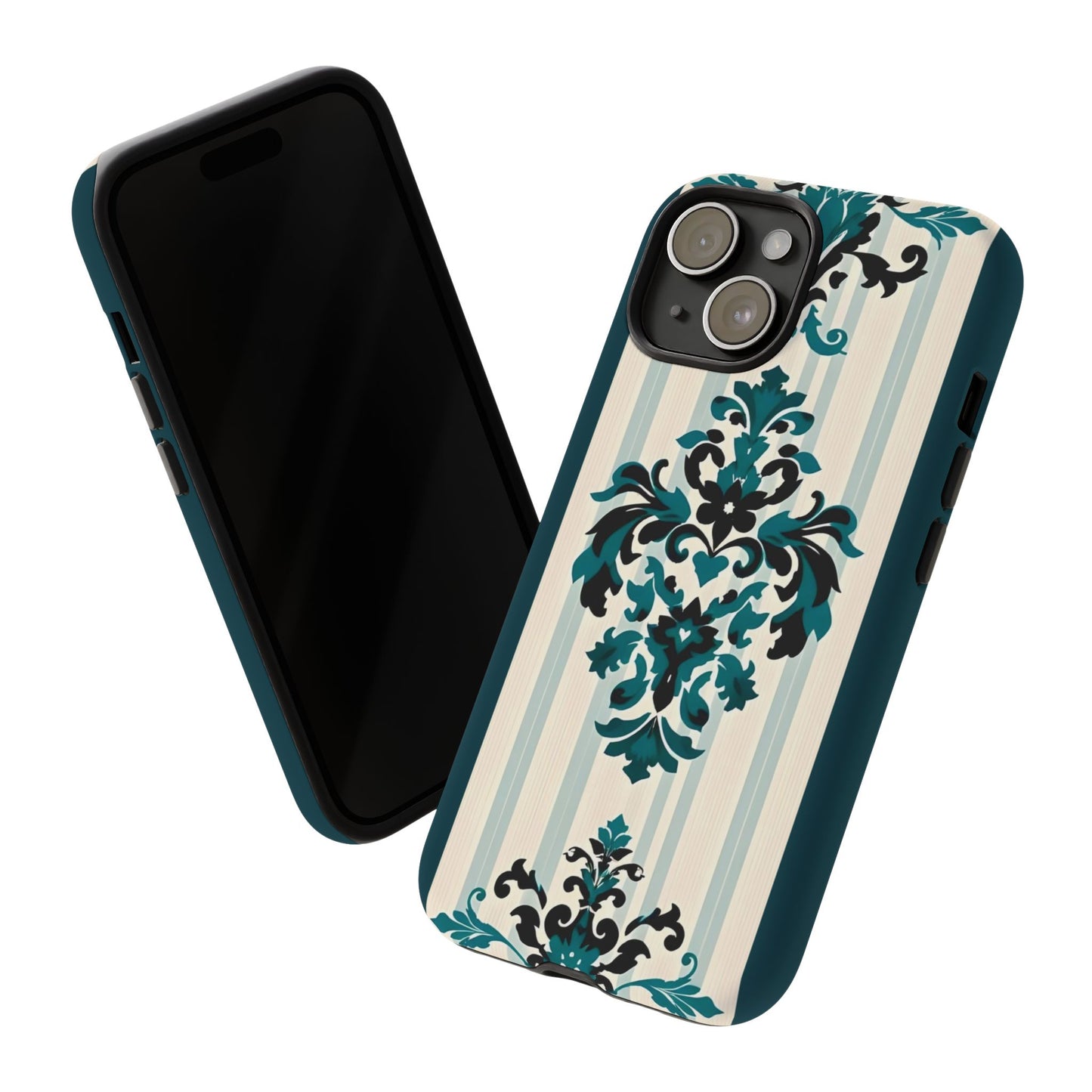 Elegant Floral Phone Case - Tough Cases with Vintage Design - Teal Striped Damask