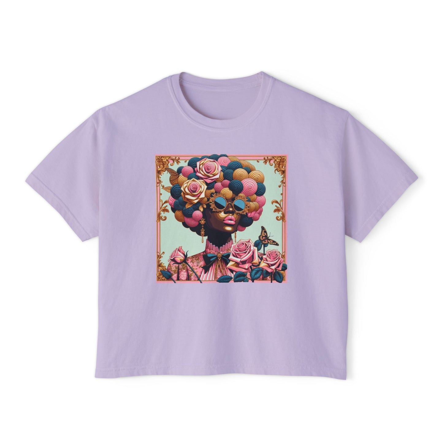 Colorful Afro Woman Boxy Tee, Feminine Graphic T-Shirt, Trendy Casual Wear, Gift for Her, Summer Outfit - Lady In Pink Baroque