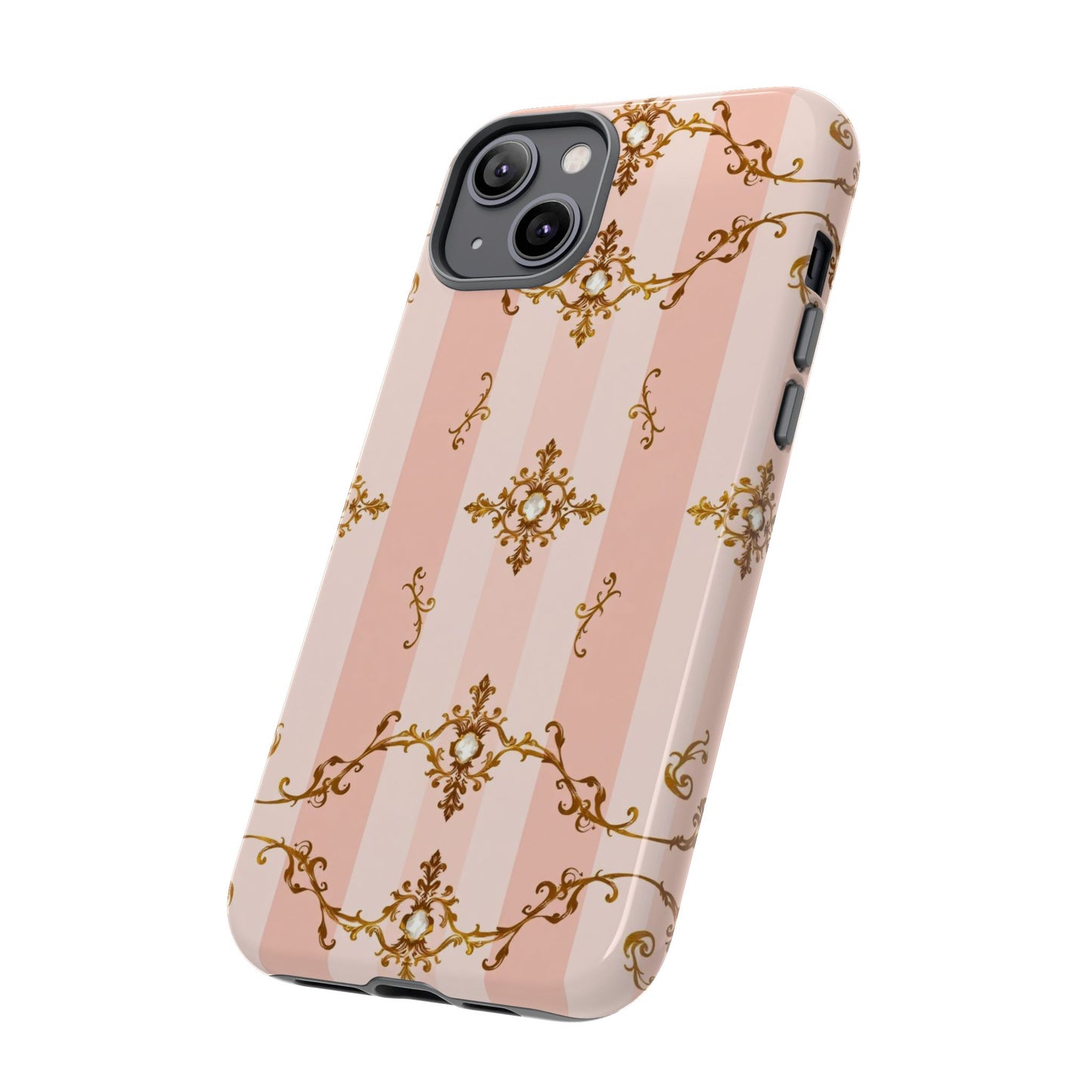 Elegant Floral Phone Case, Tough Cases for Women, Trendy Phone Cover, Chic Gift - Pink Jeweled Striped Gold Baroque