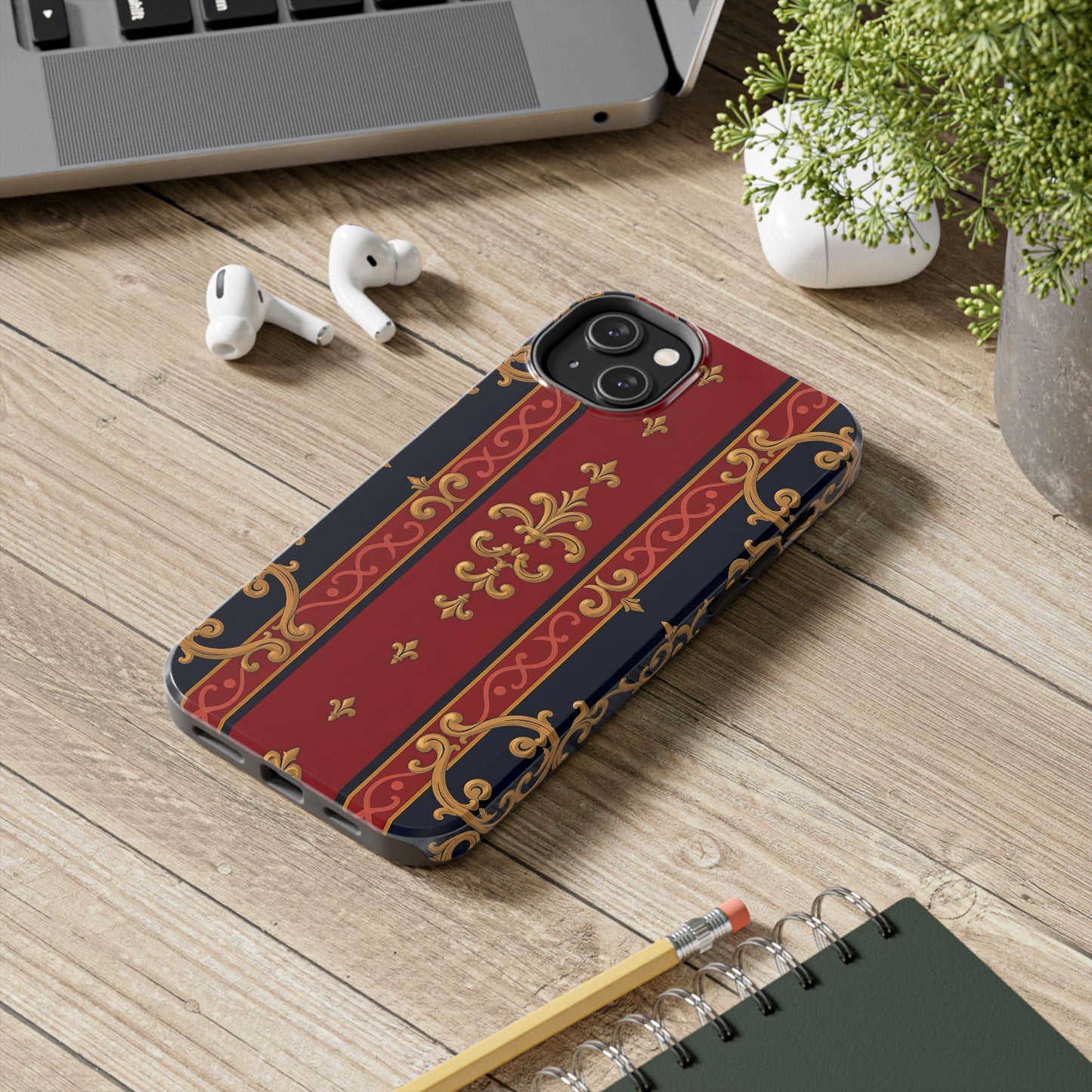 Elegant Vintage Phone Cases, Tough Phone Cover, Stylish Cell Phone Accessories, Durable Phone Protection - Midnight Blue & Dusk Red Gold Baroque