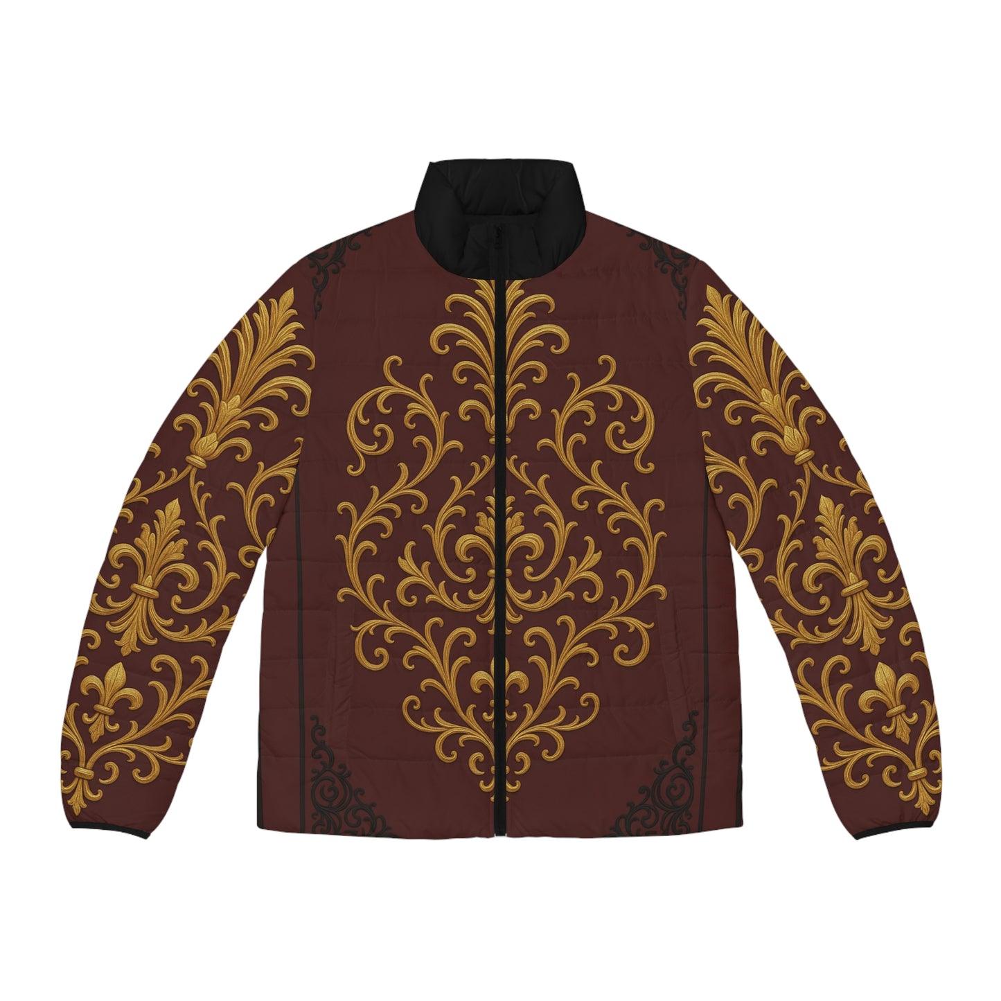 Dusk Burgundy-Black & Gold Baroque Scroll Men's Puffer Jacket