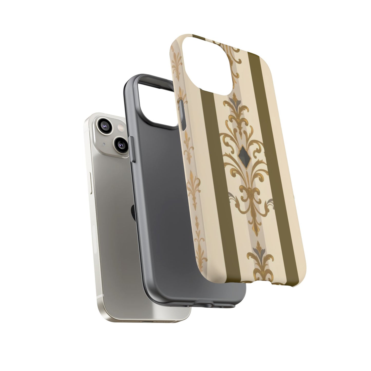 Elegant Floral Motif Phone Case - Tough Cases with Vintage Design - Olive Striped Gold Damask