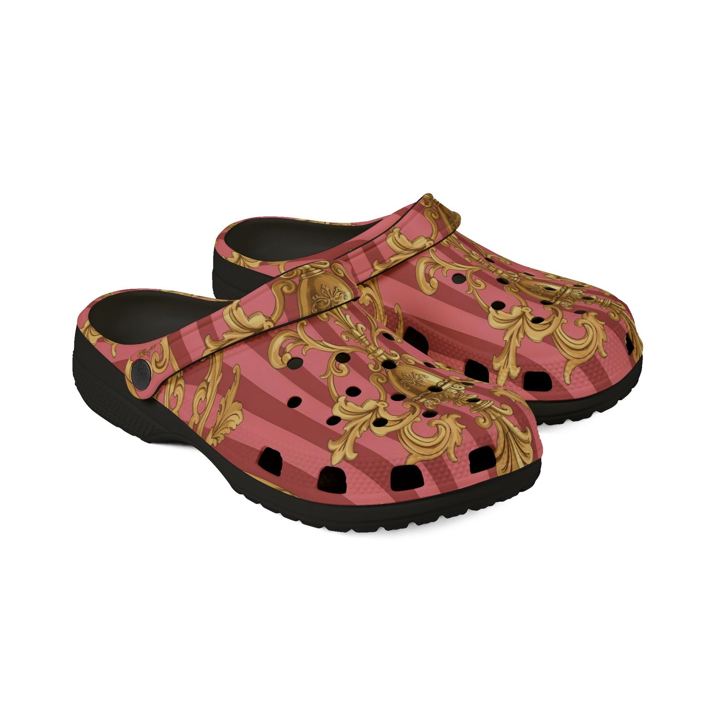 Elegant Baroque-Style EVA Foam Clogs, Trendy Slip-On Shoes, Comfortable Fashion Footwear - Pink Striped Gold Baroque