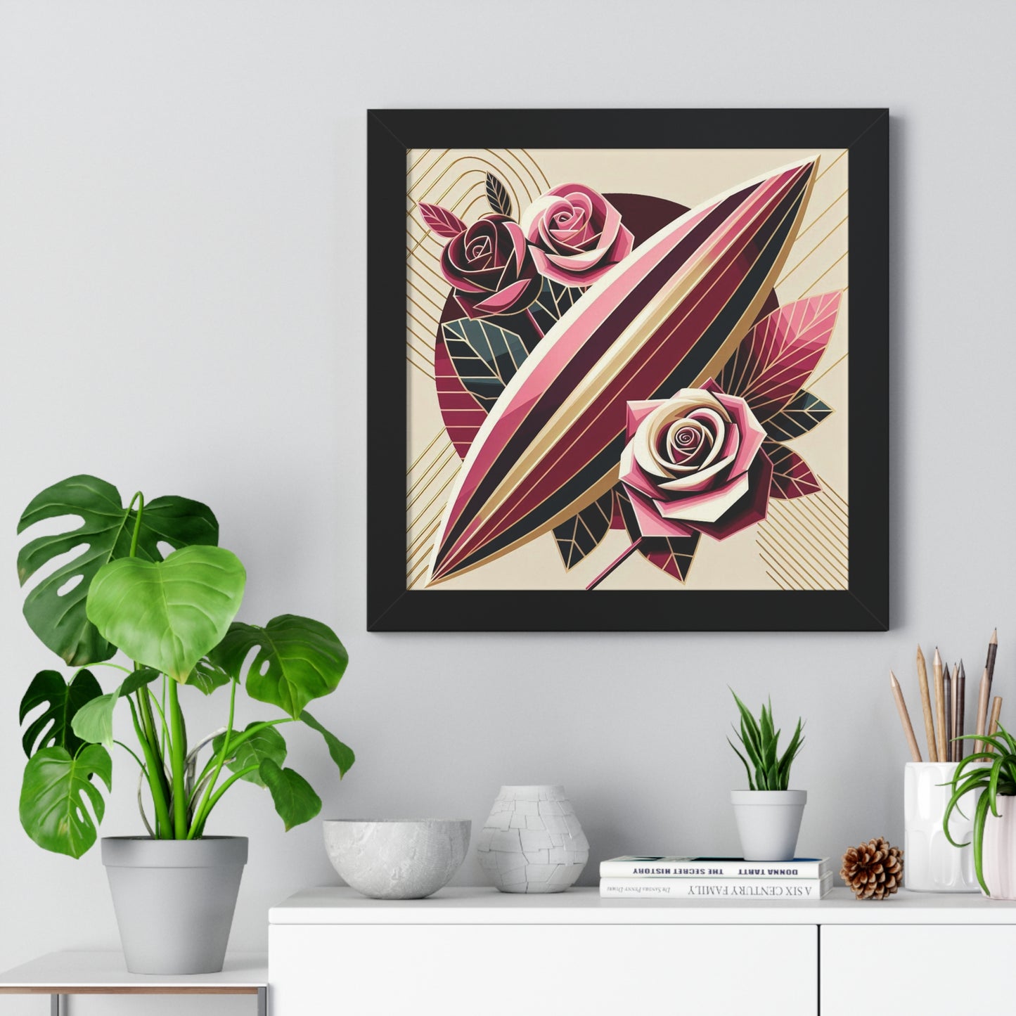 Vertical Poster - Pink & Burgundy Striped Surfboard & Roses Wall Art