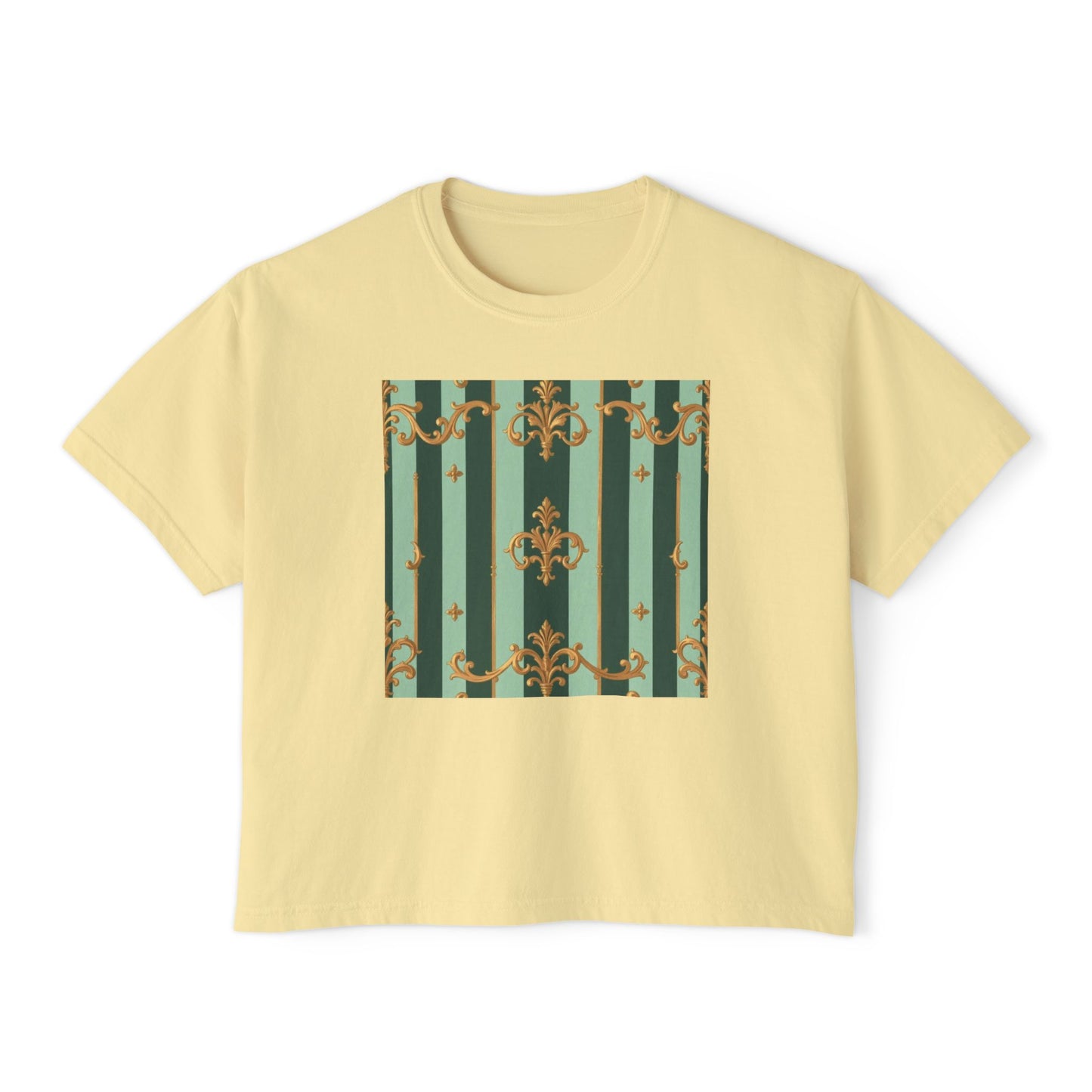 Chic Women's Boxy Tee, Vintage Inspired Tops, Casual Everyday Wear, Fashion for Her, Stylish Graphic Tee - Mint Green & Teal Striped Gold Baroque