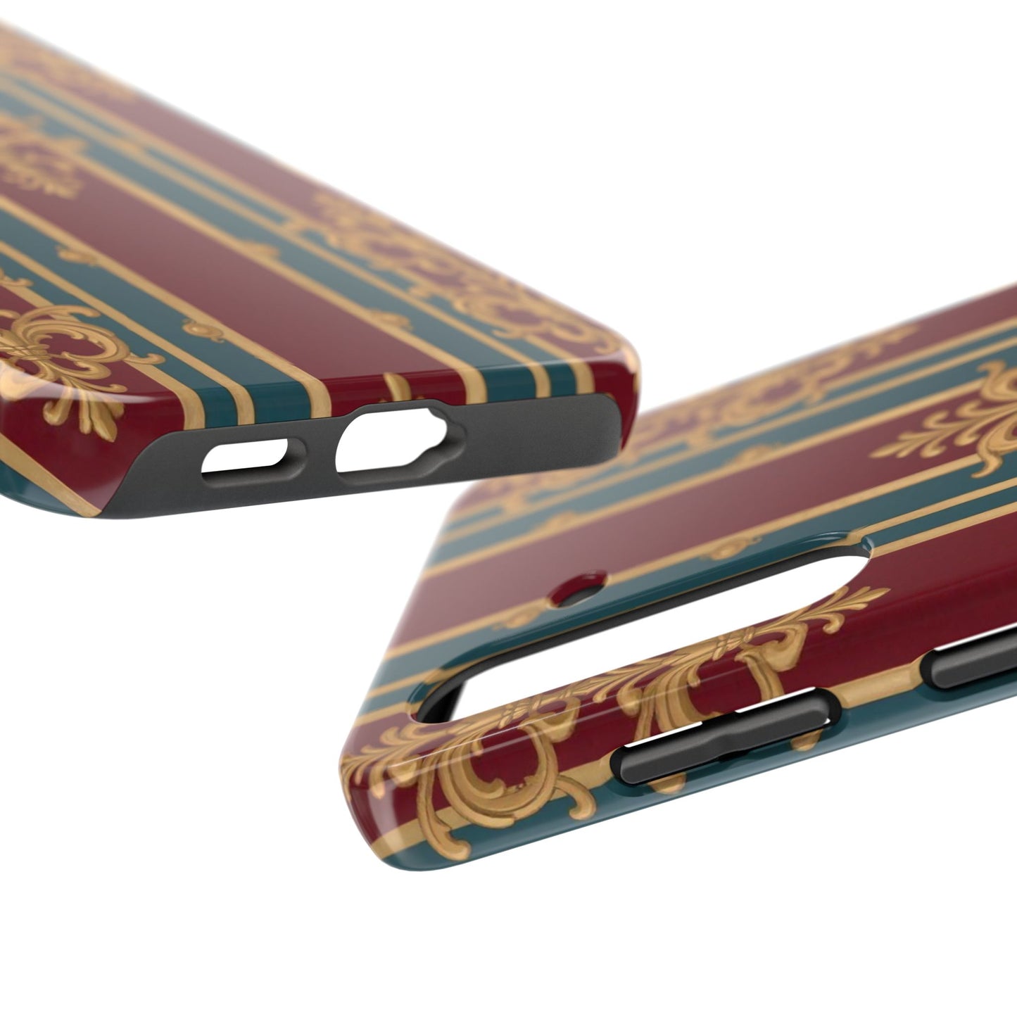 Elegant Vintage Tough Phone Case, Luxury Phone Protection, Stylish Phone Cover, Durable Phone Accessory - Burgundy Striped Gold Baroque