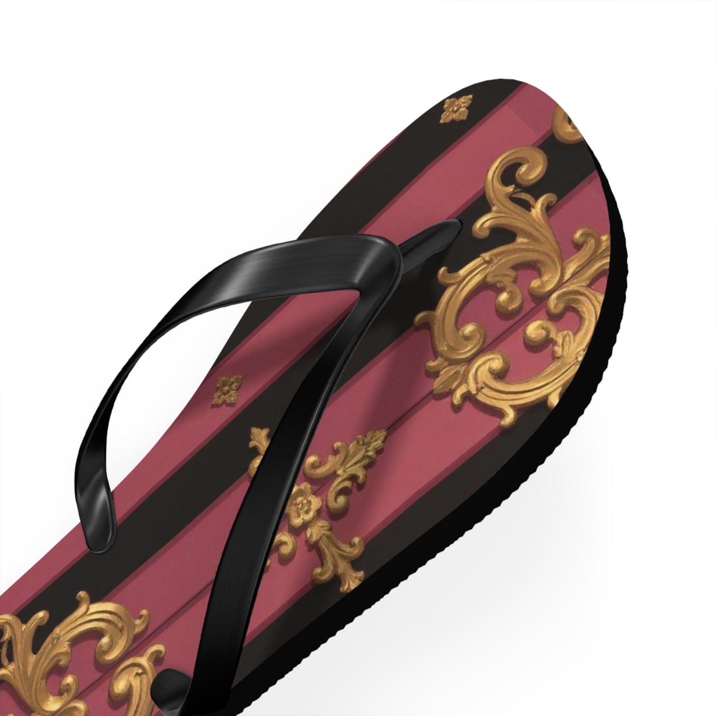 Elegant Black & Mauve Striped Gold Baroque Flip Flops, Chic Footwear for Summer, Pool Parties, Beach Days, Vacation Essentials