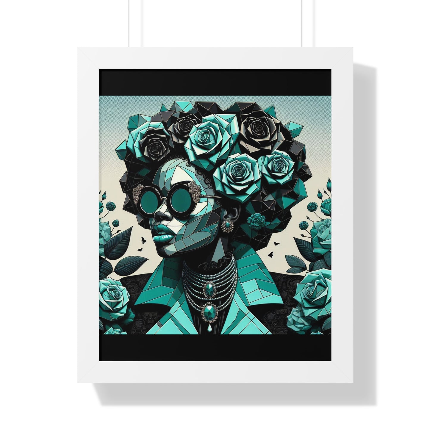 Framed Art Poster, Bohemian Home Decor, Wall Art for Living Room, Gift for Art Lovers, Unique Framed Wall Decor - Turquoise & Black Roses Lady