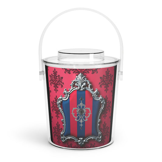 Chic Decorative Ice Bucket, Elegant Party Cooler, Drink Chiller, Wedding Decor, Vintage Style Tongs Included - Blue & Red Striped Silver Crest