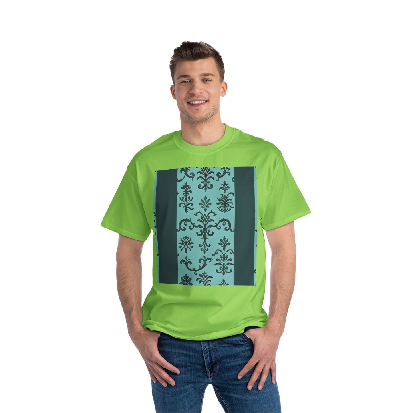 Elegant Floral T-Shirt - Vintage Design, Casual Wear, Gift for Her, Summer Fashion, Stylish Tee - Teal Striped Rococo