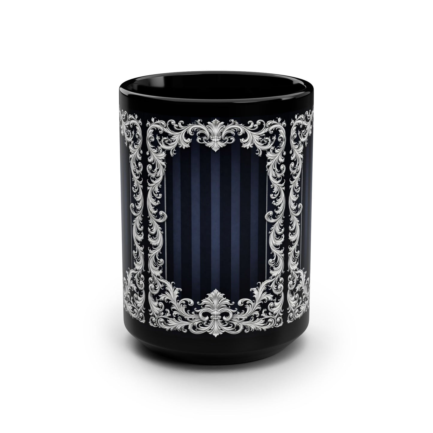 Victorian Navy Stripes & Baroque Frame Black 15oz Mug — Elegant Stripe Coffee Cup