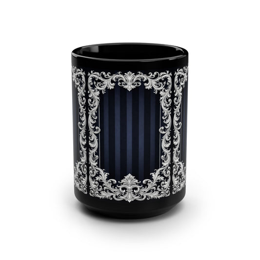 Victorian Navy Stripes & Baroque Frame Black 15oz Mug — Elegant Stripe Coffee Cup