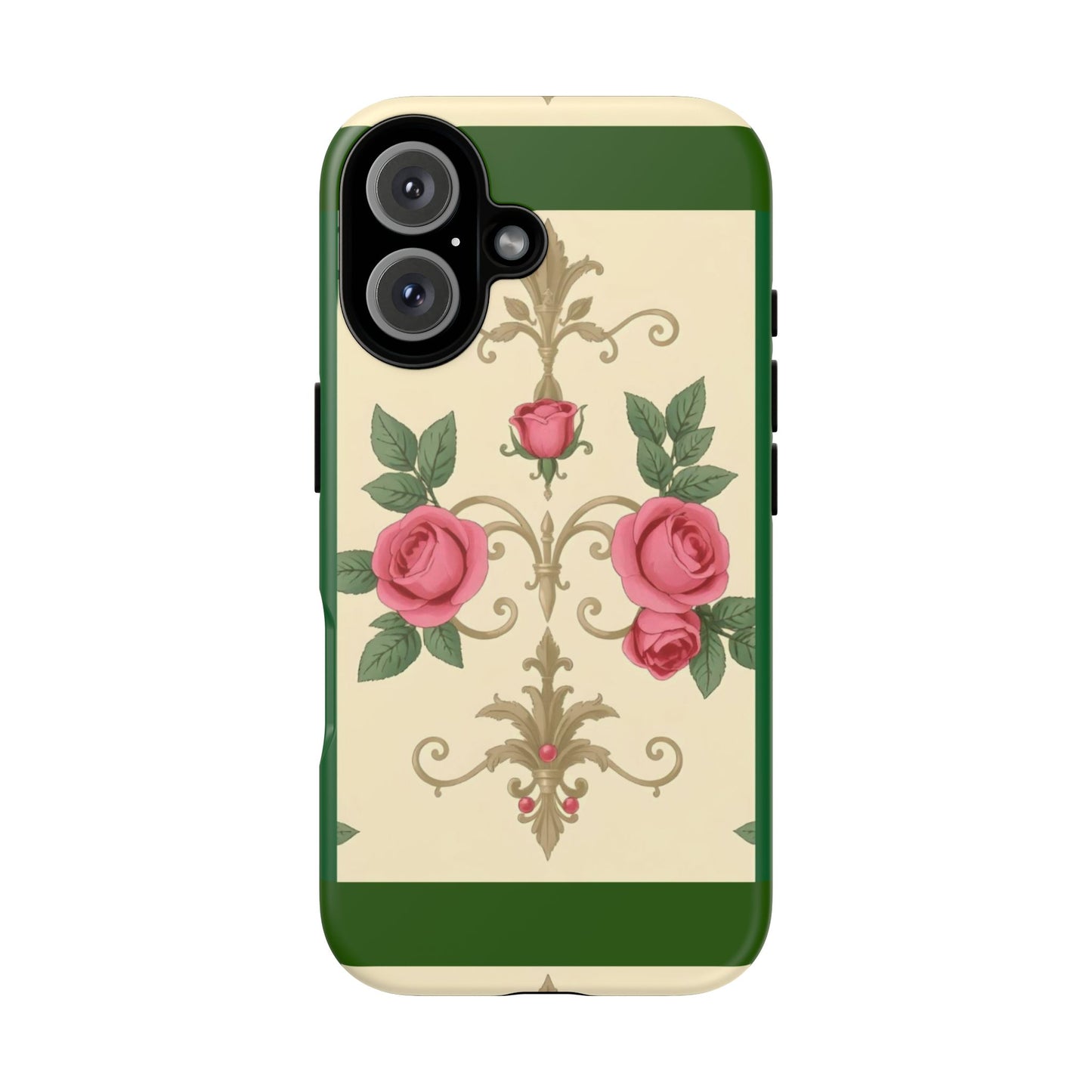 Elegant Floral Motif Phone Case - Tough Cases with Vintage Design - Green Border Roses & Damask