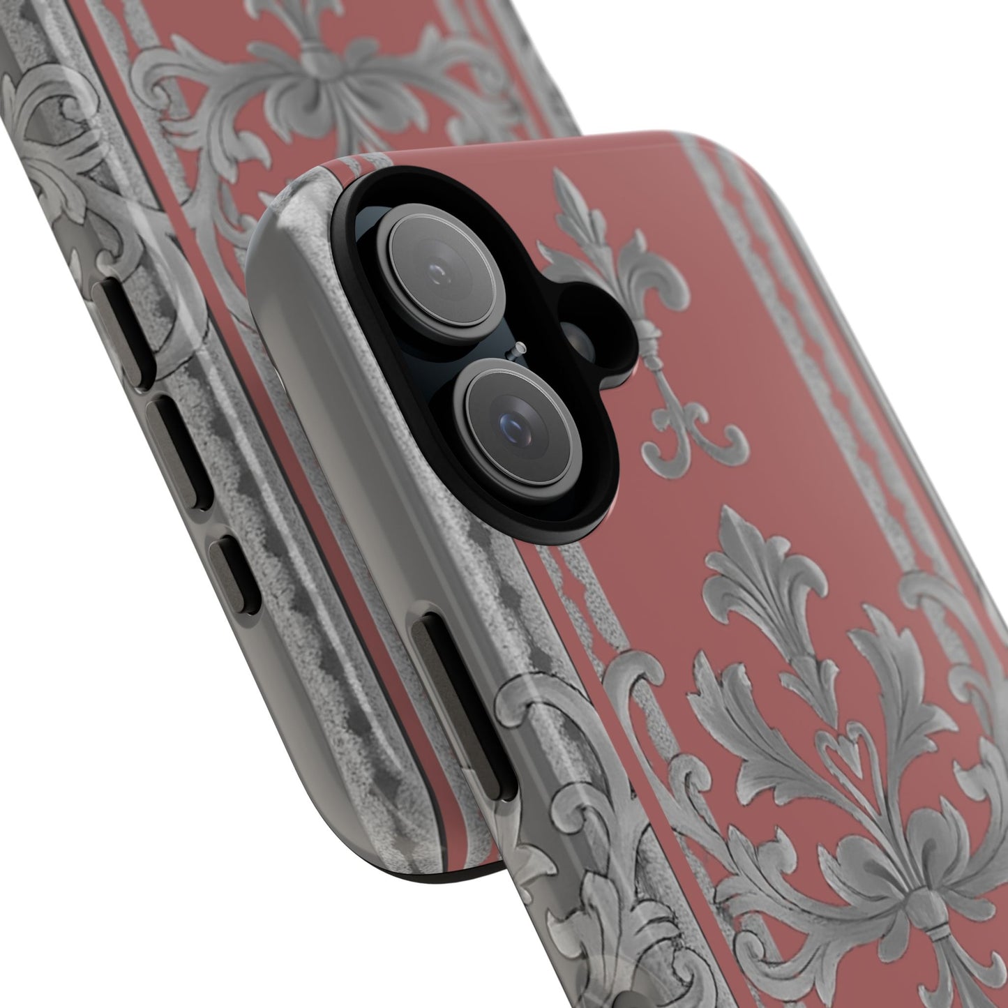 Elegant Floral Phone Case - Tough Cases for Stylish Protection - Gray & Mauve Striped Baroque
