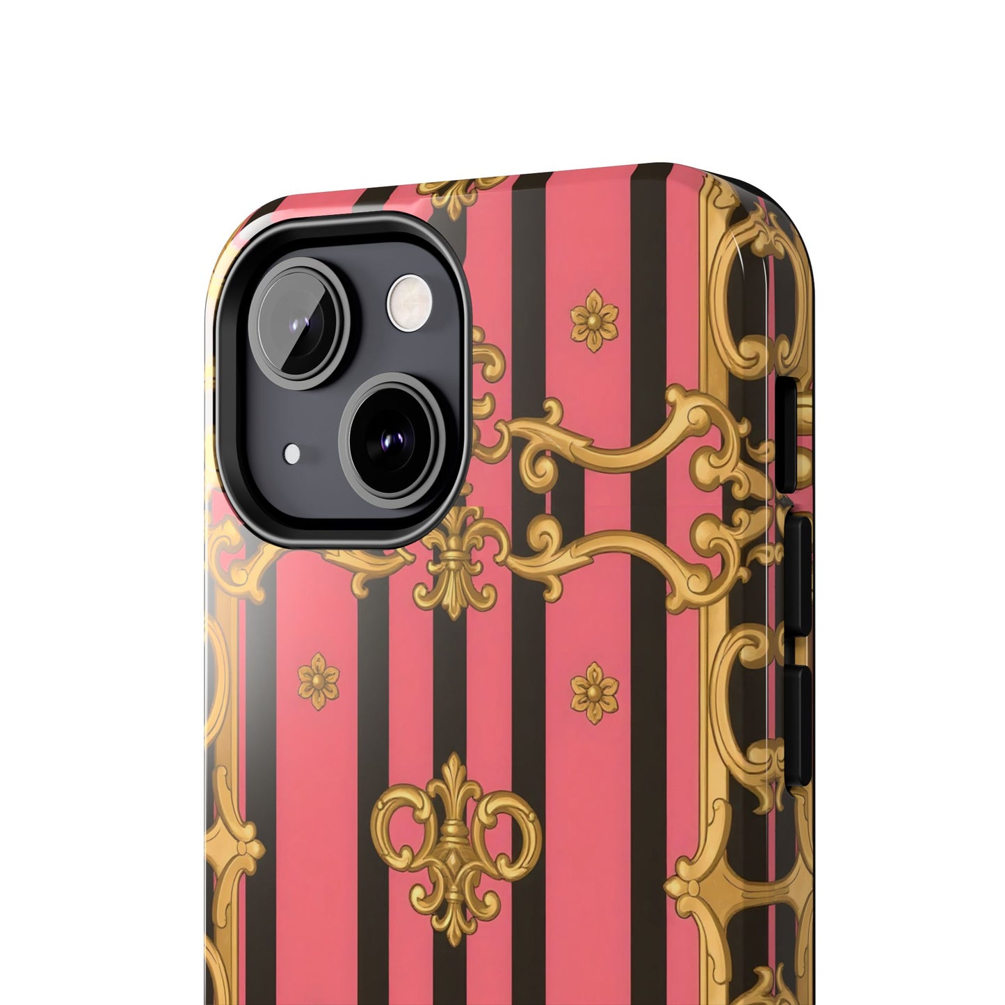 Elegant Baroque Tough Phone Cases, Stylish Protection, Gift for Her, Trendy Accessory - Pink & Black Striped Gold Baroque