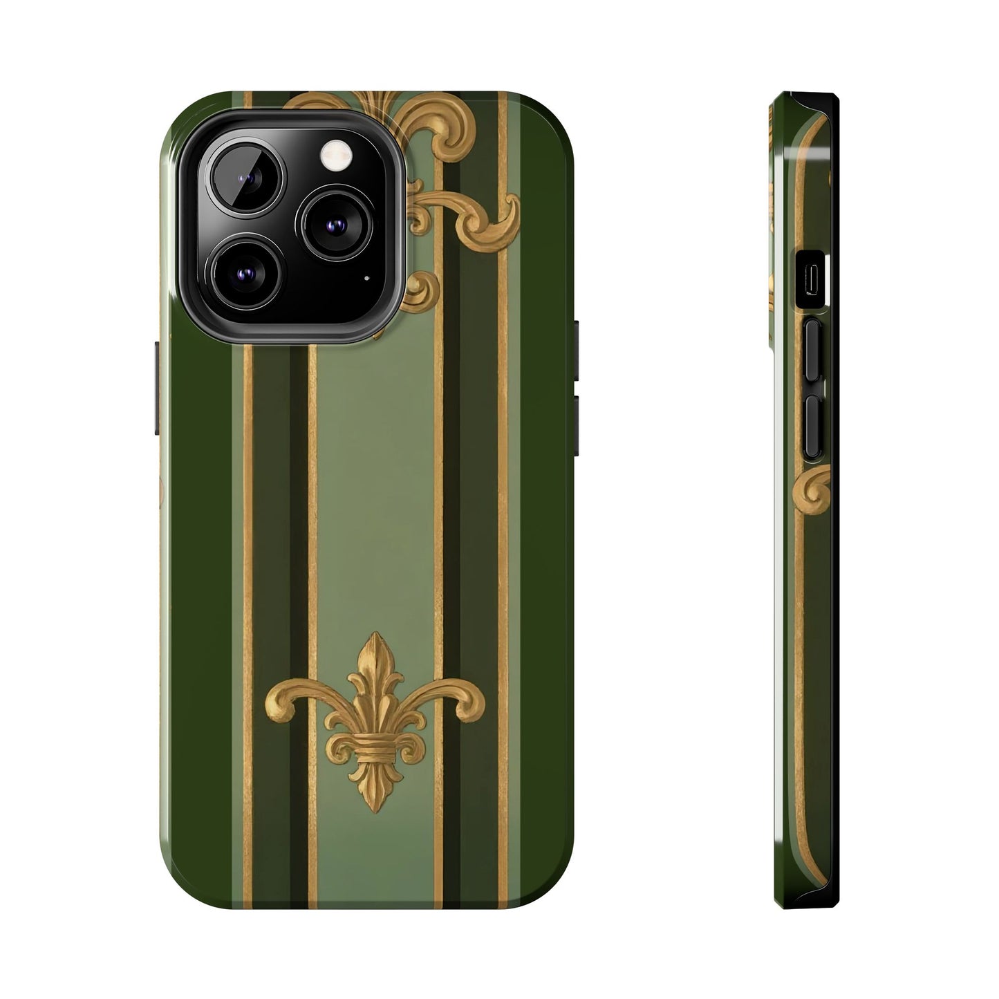 Elegant Tough Phone Cases - Baroque Design, Durable Cell Phone Covers, Unique Gifts for Her, Holiday Gifts - Green Striped Gold Baroque