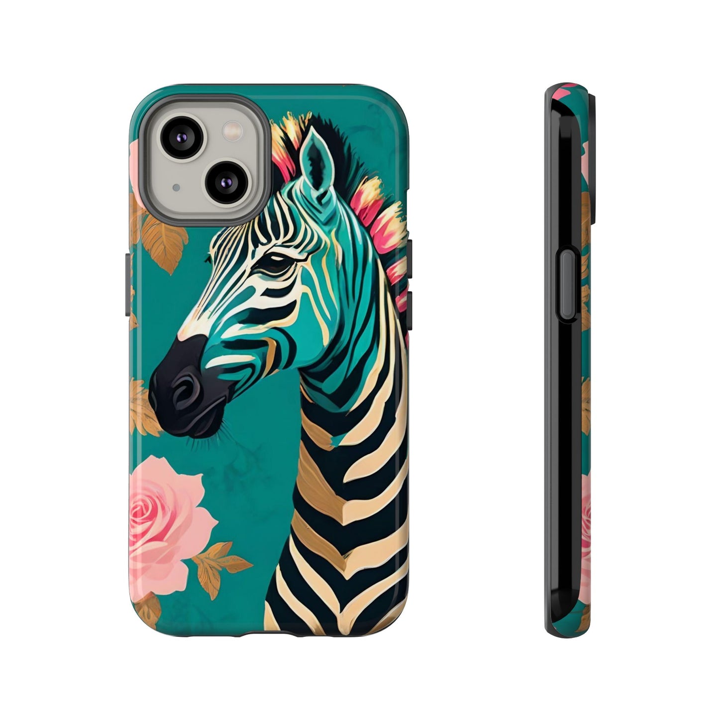 Phone Case - Elegant Teal & Gold Zebra & Roses Design