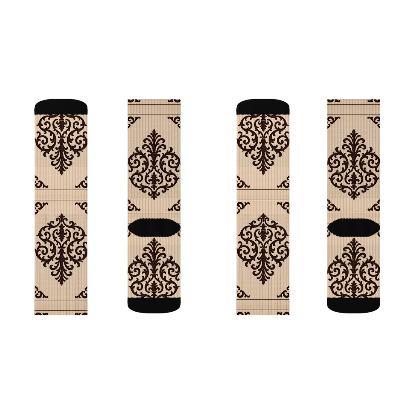 Almond-Beige & Brown Baroque Sublimation Socks – Vintage Baroque Pattern Crew Socks
