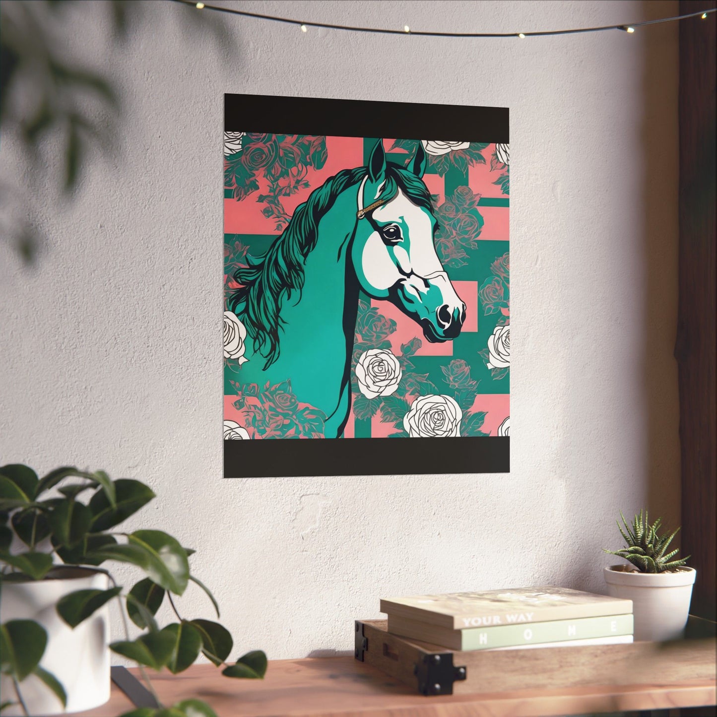 Floral Motif Art Poster - Elegant Matte Vertical Wall Decor - Teal & White Horse
