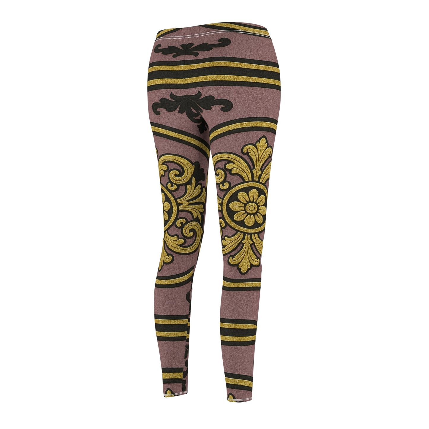 Elegant Gilded Mauve Black-Gold Baroque AOP Women's Casual Leggings - Everyday Wear, Activewear, Unique Gift