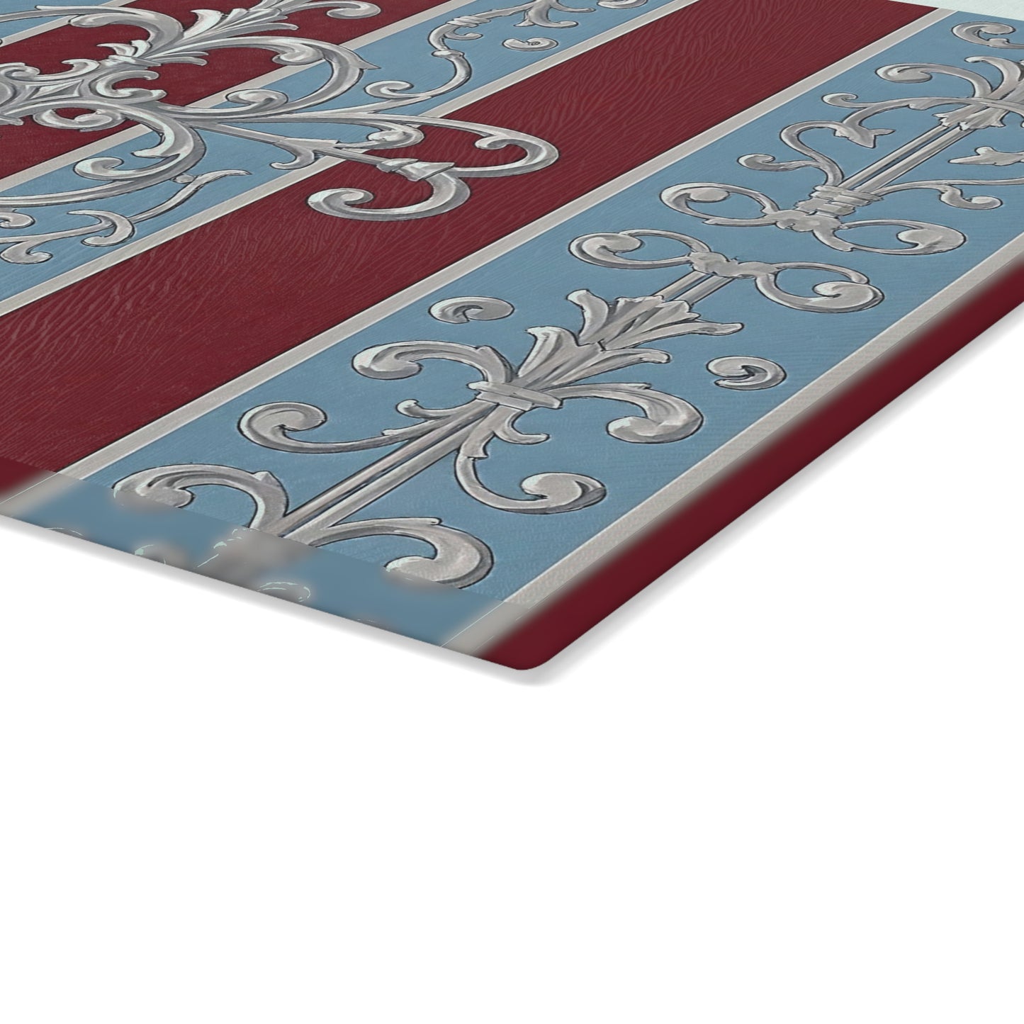 Elegant Floral Cutting Board for Home Chefs, Kitchen Decor, Gift for Weddings, Housewarmings - Ice Blue & Burgundy Striped Baroque