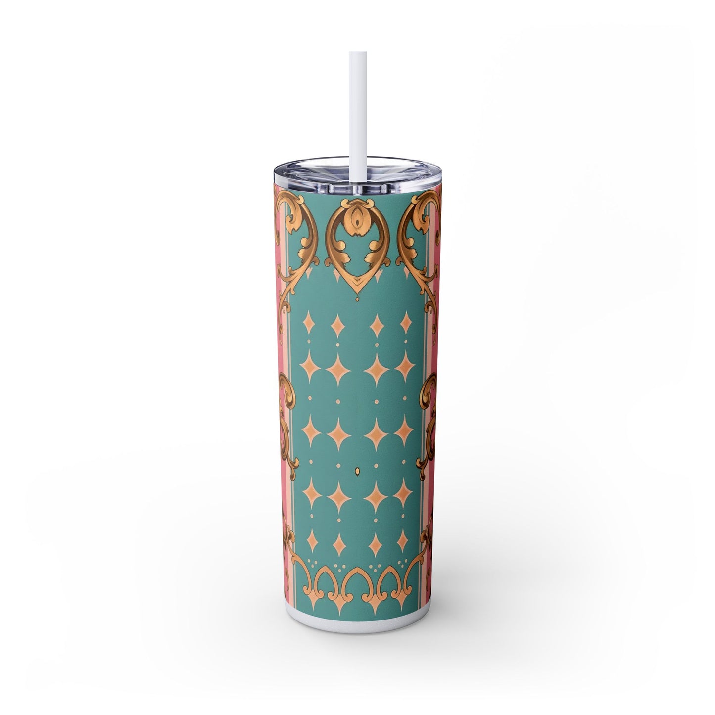 Elegant Floral Skinny Tumbler, 20oz Travel Mug, Stylish Drinkware, Perfect Gift for Her, Vintage Inspired - Pink & Matte Turquoise Striped Rococo