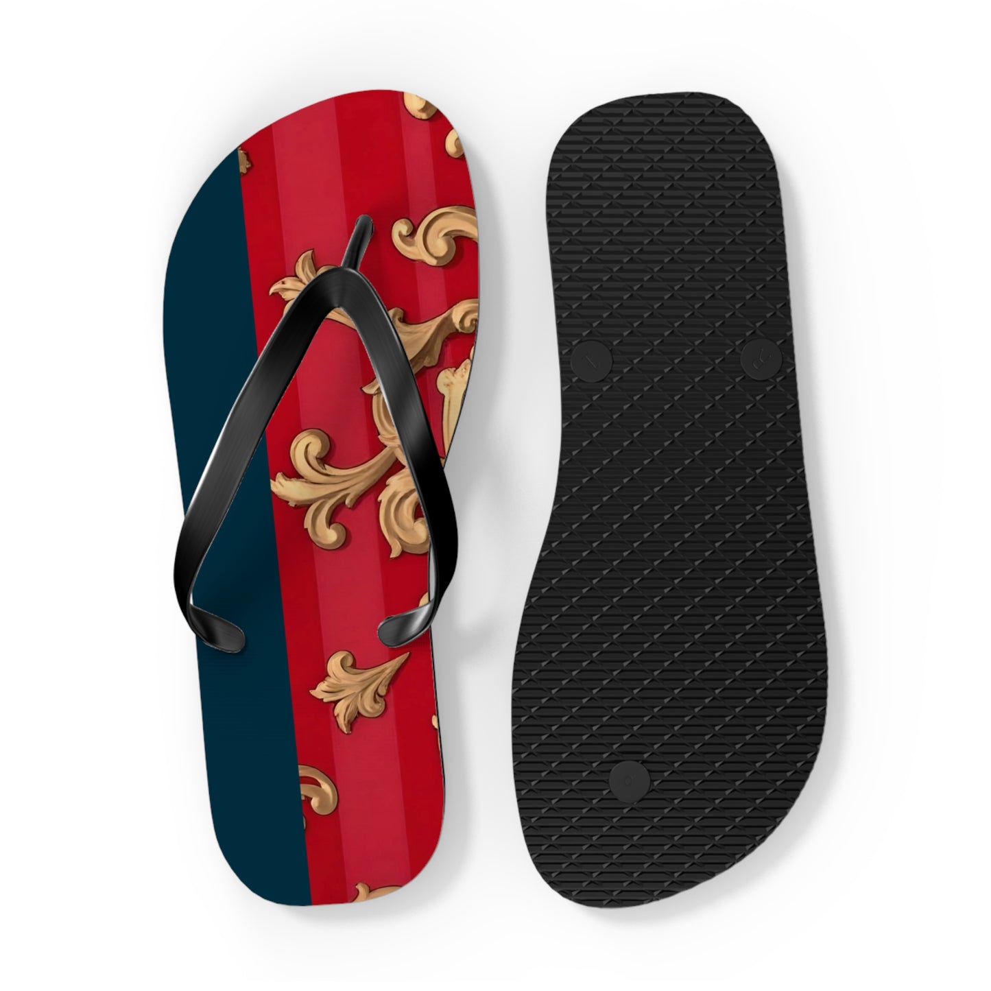 Stylish Flip Flops for Summer Fun, Beach Footwear, Vacation Sandals, Poolside Flip Flops, Casual Summer Shoes - Blue & Red Striped Baroque