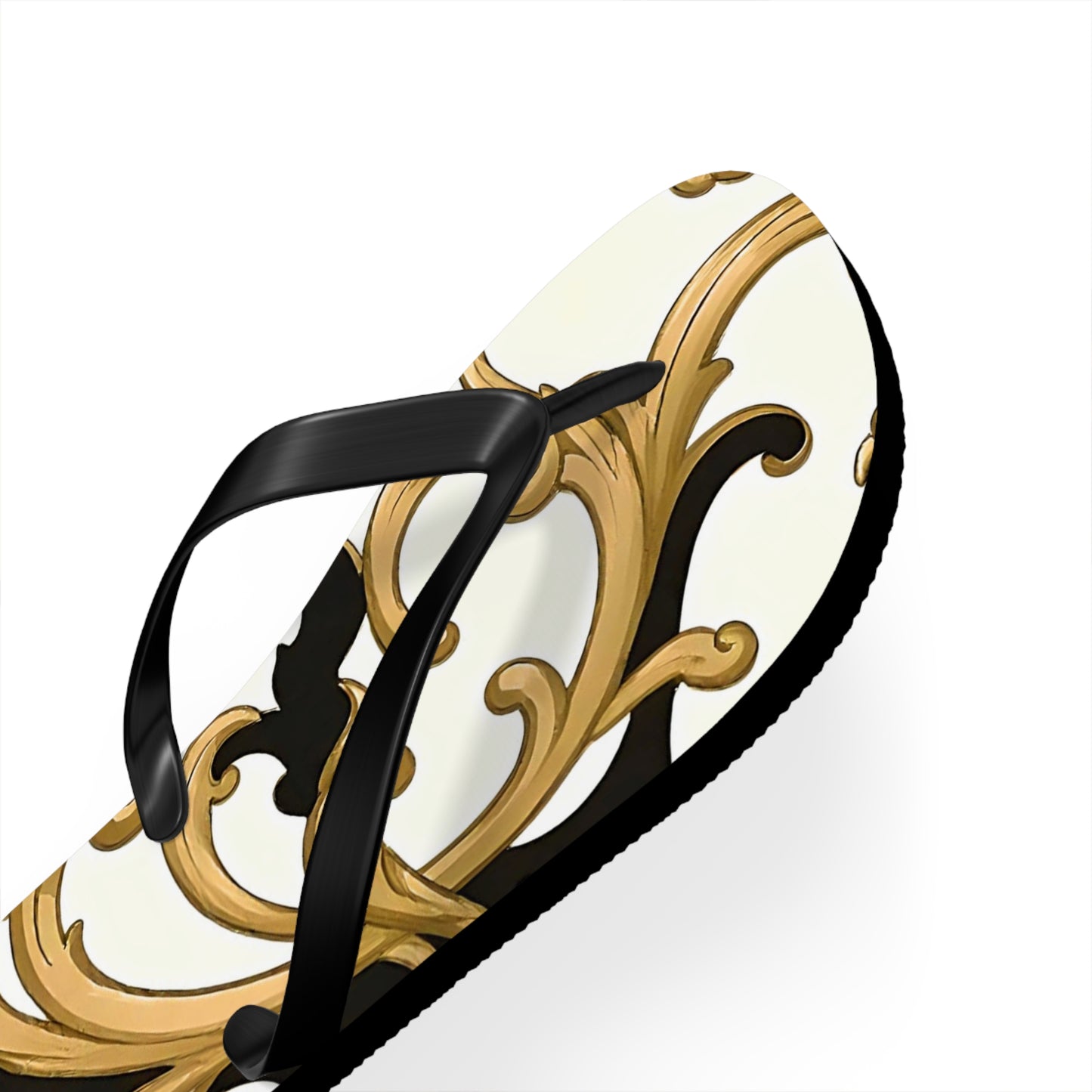 Elegant Floral Flip Flops, Beach Sandals, Summer Casual Footwear, Vacation Essentials, Poolside Accessories, Gift for Her - Black & Gold Rococo