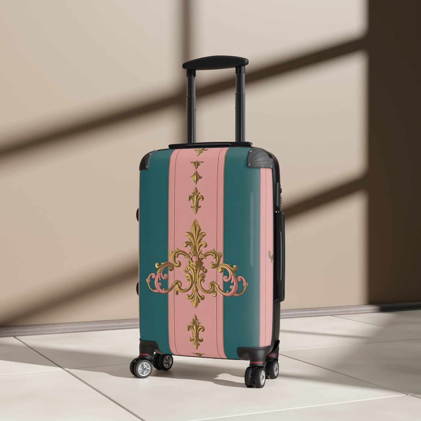 Chic Travel Suitcase, Elegant Luggage, Stylish Carry-On, Unique Glamour Bag, Trendy Vacation Case - Pink & Teal Striped Gold Baroque