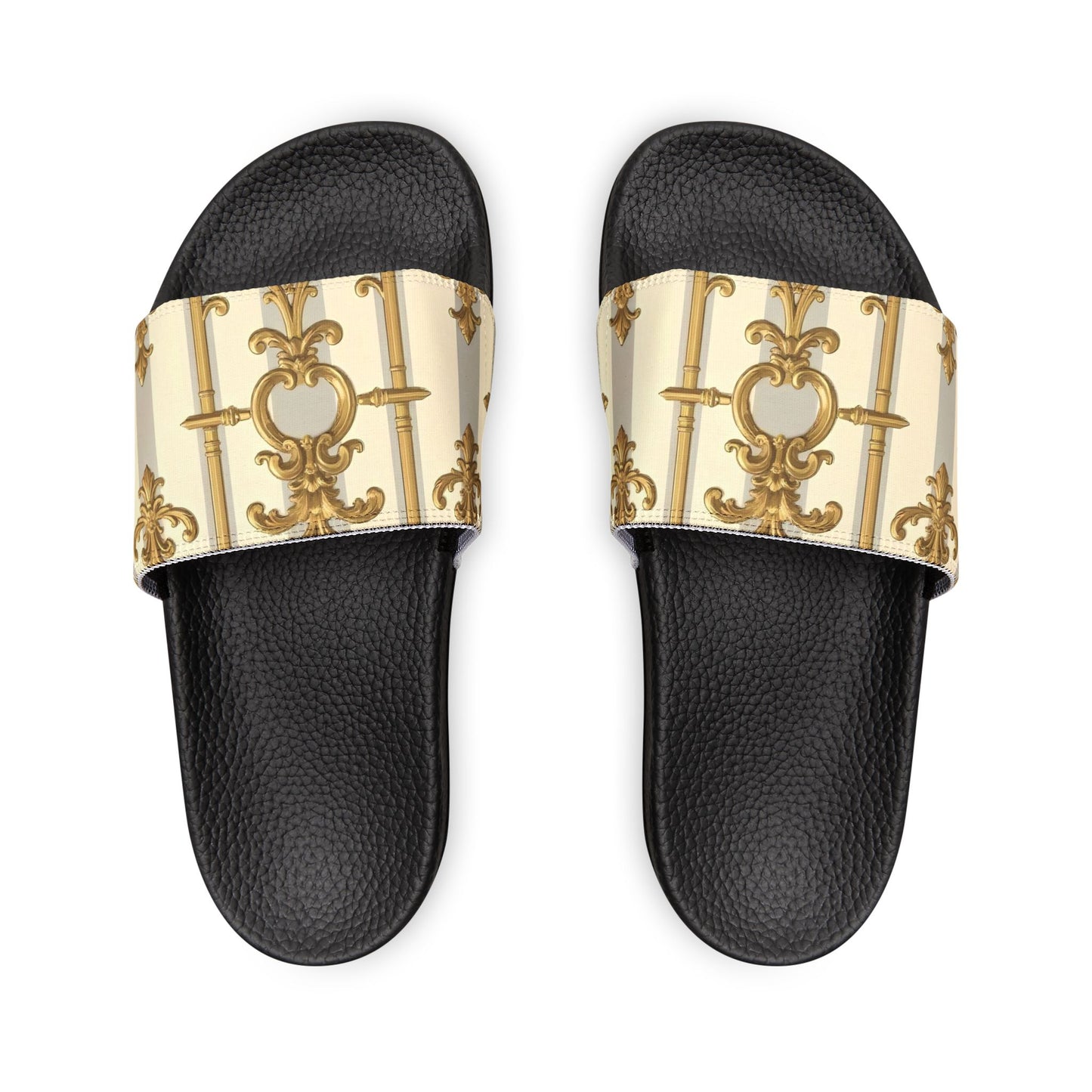 Chic Women's Removable-Strap Sandals, Stylish Summer Footwear, Perfect for Beach Days - Matte Gray & Cream Striped Gold Baroque