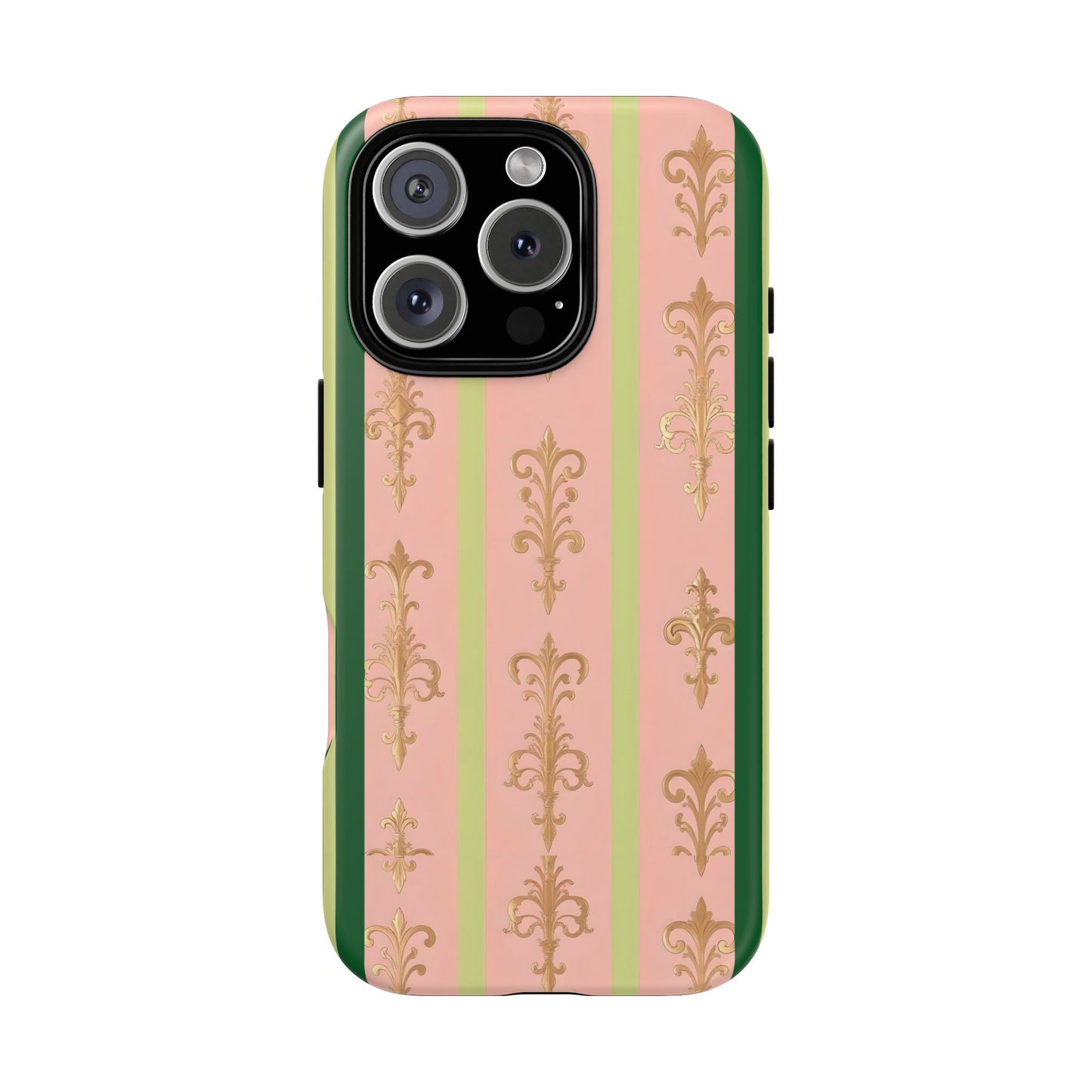 Elegant Floral Motif Phone Case - Tough Cases with Vintage Design - Lime Green & Pink Striped Damask