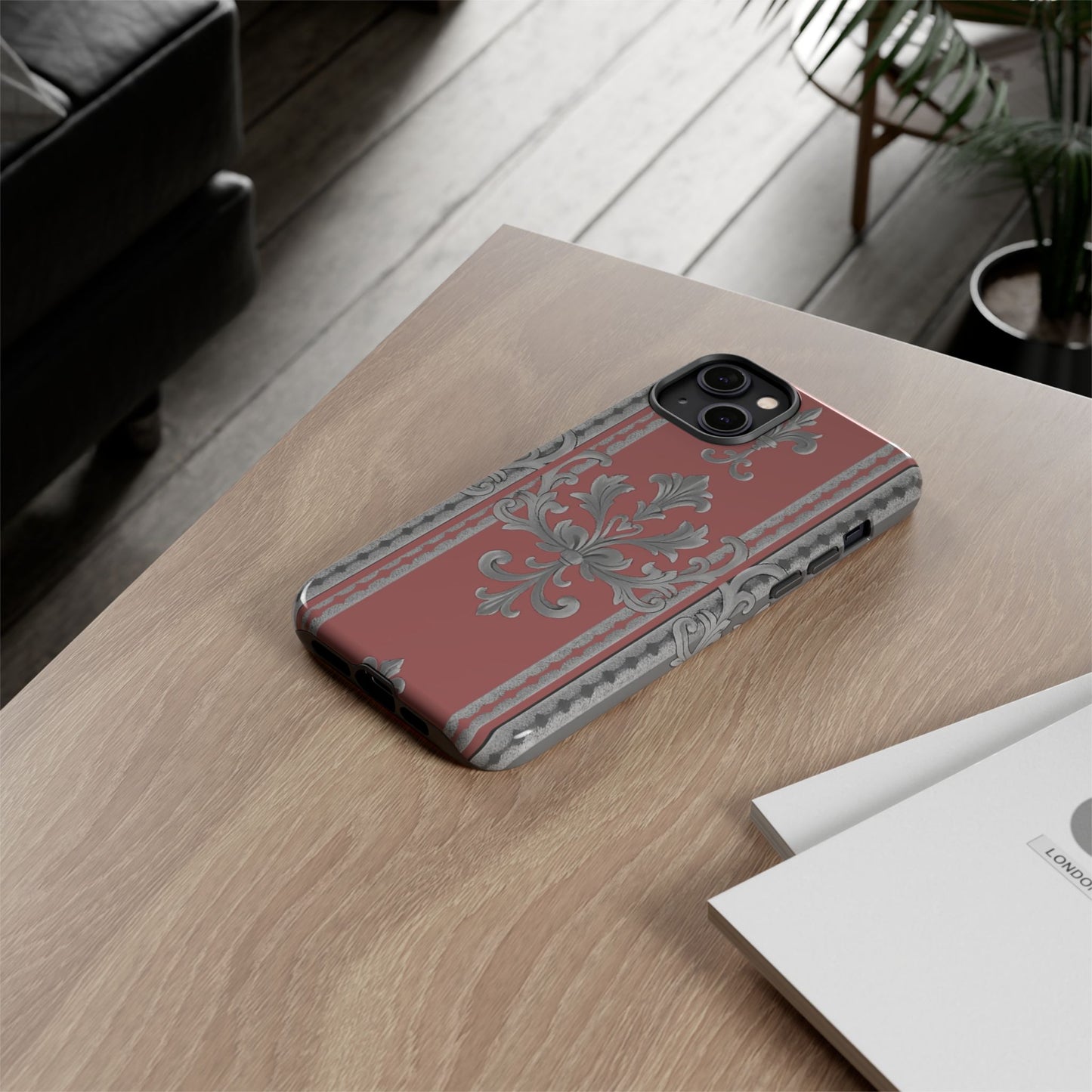 Elegant Floral Phone Case - Tough Cases for Stylish Protection - Gray & Mauve Striped Baroque