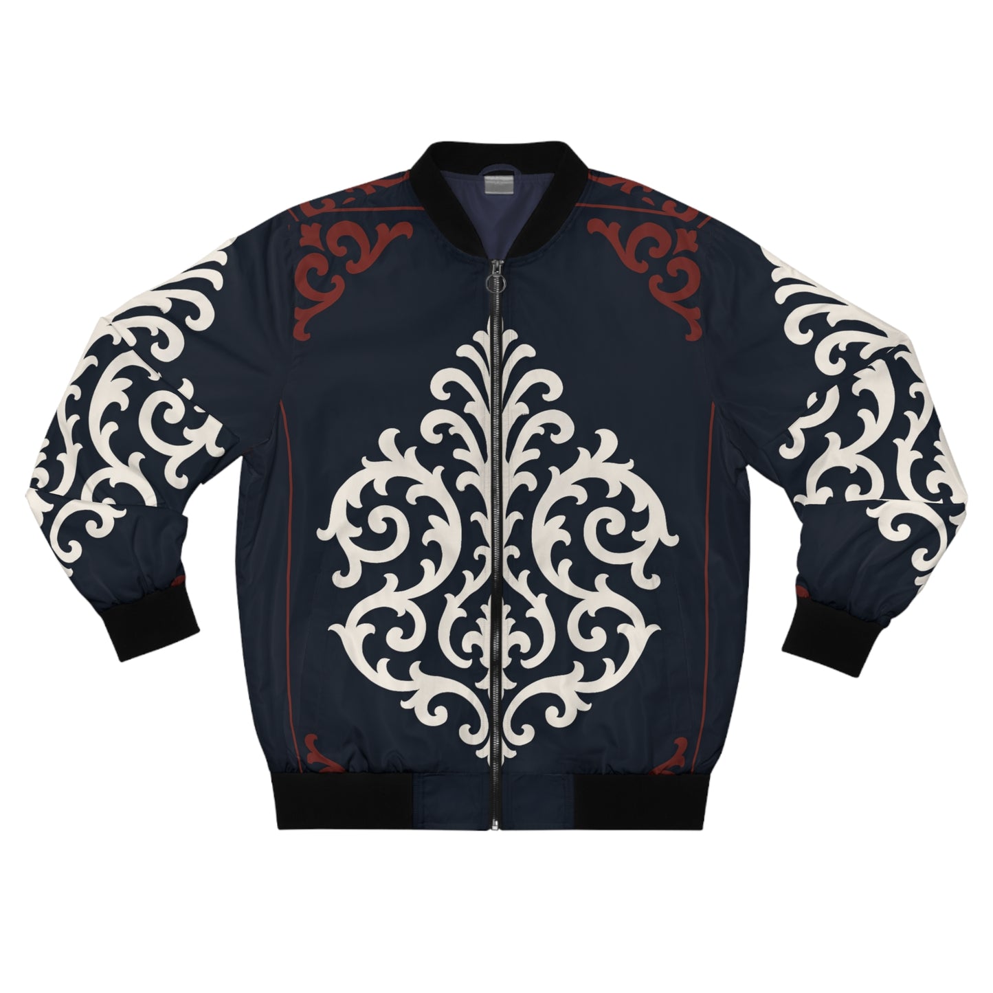 Dusk Blue & Maroon-White Baroque Bomber Jacket — Men's Ornate AOP Flight Jacket