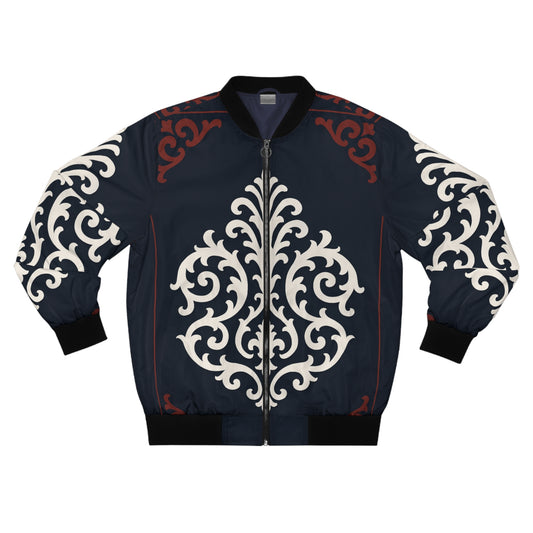 Dusk Blue & Maroon-White Baroque Bomber Jacket — Men's Ornate AOP Flight Jacket