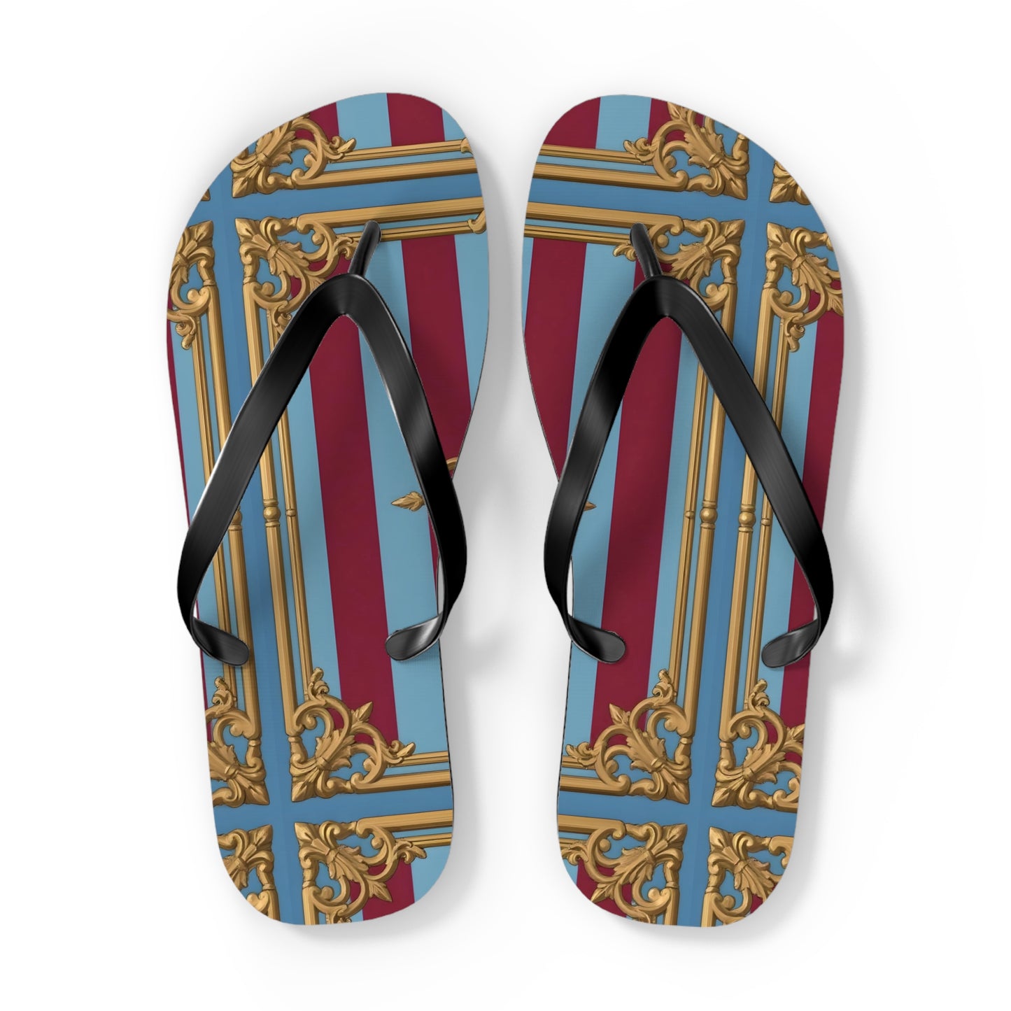 Ornate Design Flip Flops, Elegant Summer Sandals, Beach Vacation Footwear, Perfect for Weddings - Sky Blue & Maroon Striped Baroque