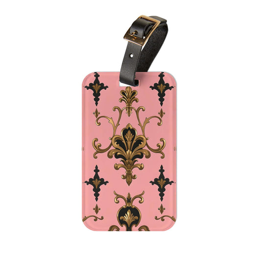 Elegant Vintage Luggage Tag | Travel Accessory, Personalized Bag Tag, Gift Idea for Travelers, Stylish Identifying Tag - Pink, Black & Gold Rococo