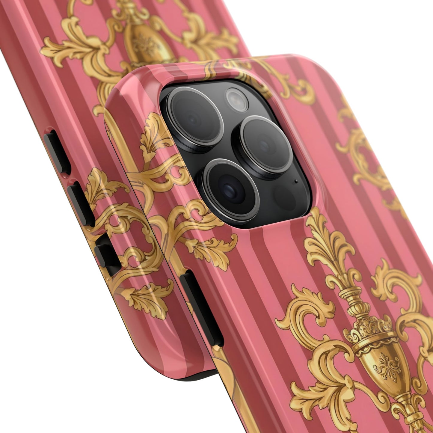 Elegant Baroque Tough Phone Cases, Durable Phone Cover, Stylish Accessory, Gift for Any Occasion - Pink Striped Gold Baroque