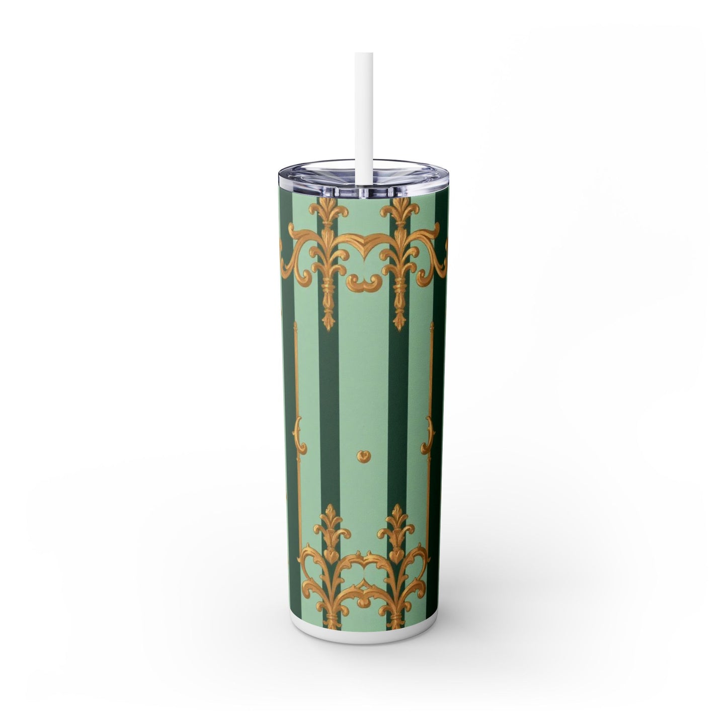 Elegant Floral Skinny Tumbler with Straw, 20oz – Stylish Travel Mug, Eco-Friendly Reusable Cup - Mint Green & Teal Striped Gold Baroque