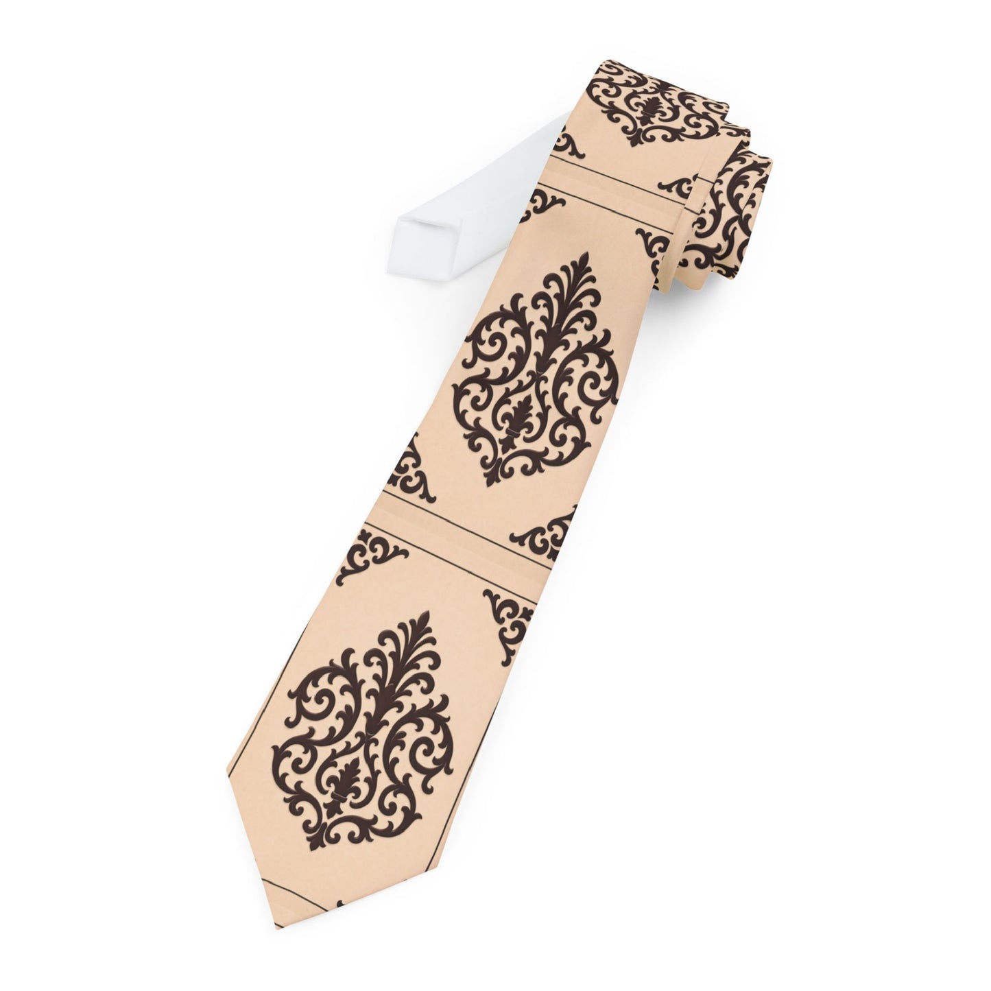 Almond-Beige & Brown Baroque Necktie – Classic Vintage Pattern Formal Tie