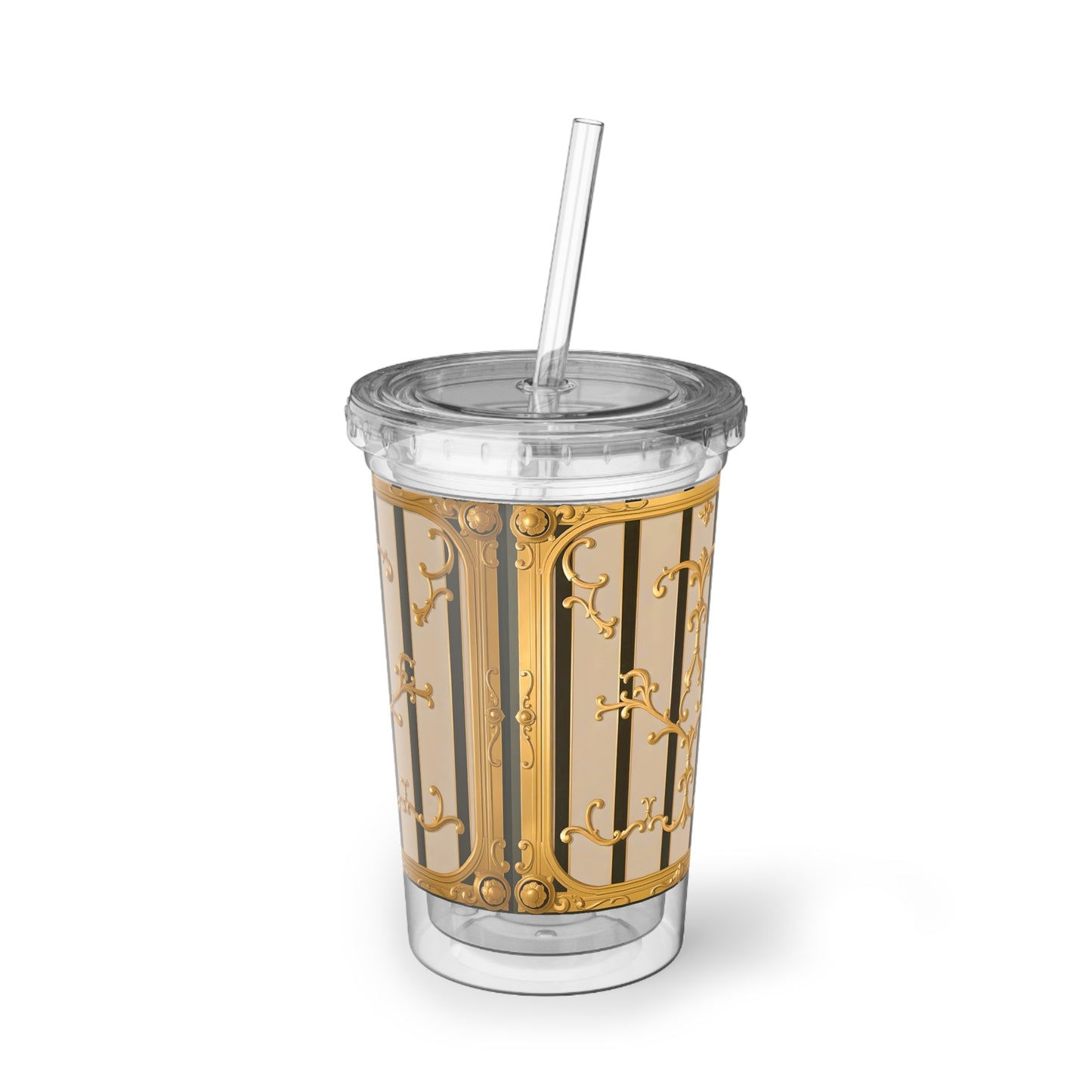 Suave Acrylic Cup, Travel Cup, Great Gift - Beige Striped Gold Rococo