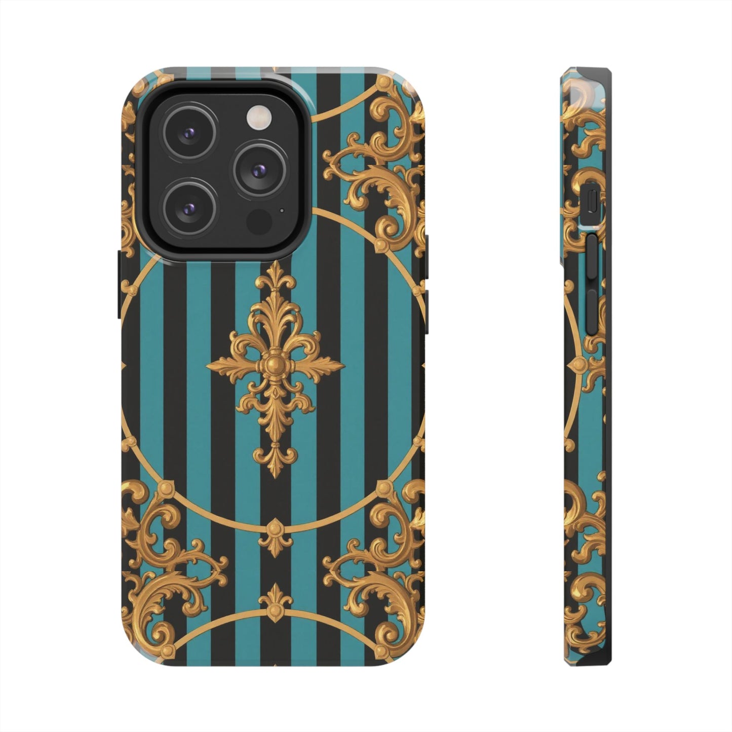 Elegant Turquoise & Black Striped Gold Baroque Phone Case, Tough Phone Cases for Fashion Lovers, Gift for Her, Luxury Accessories