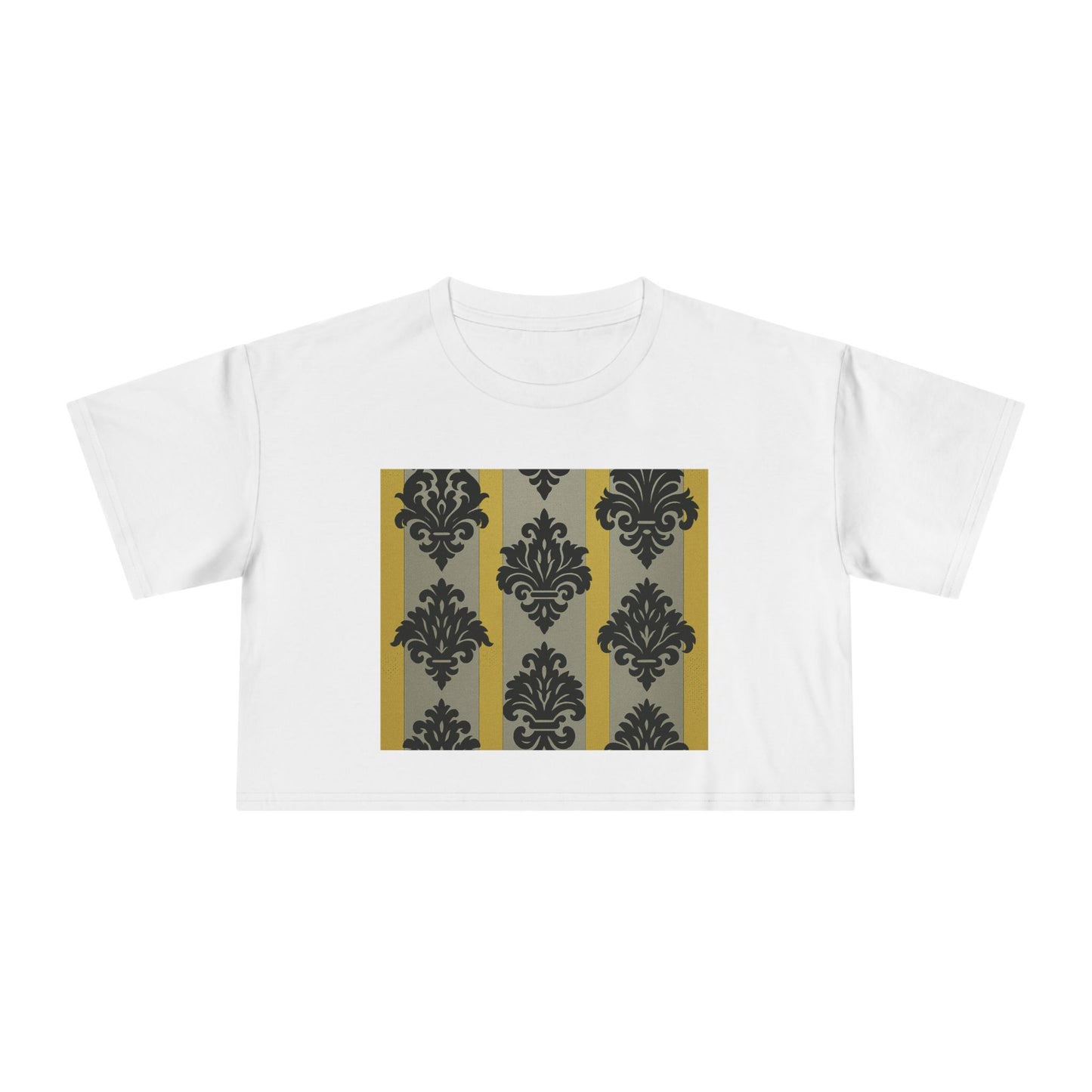 Chic Vintage Crop Tee | Stylish Women's Tee for Casual Outings, Gifts, Festivals, Layering, Everyday Wear - Silver & Gold Striped Black Baroque