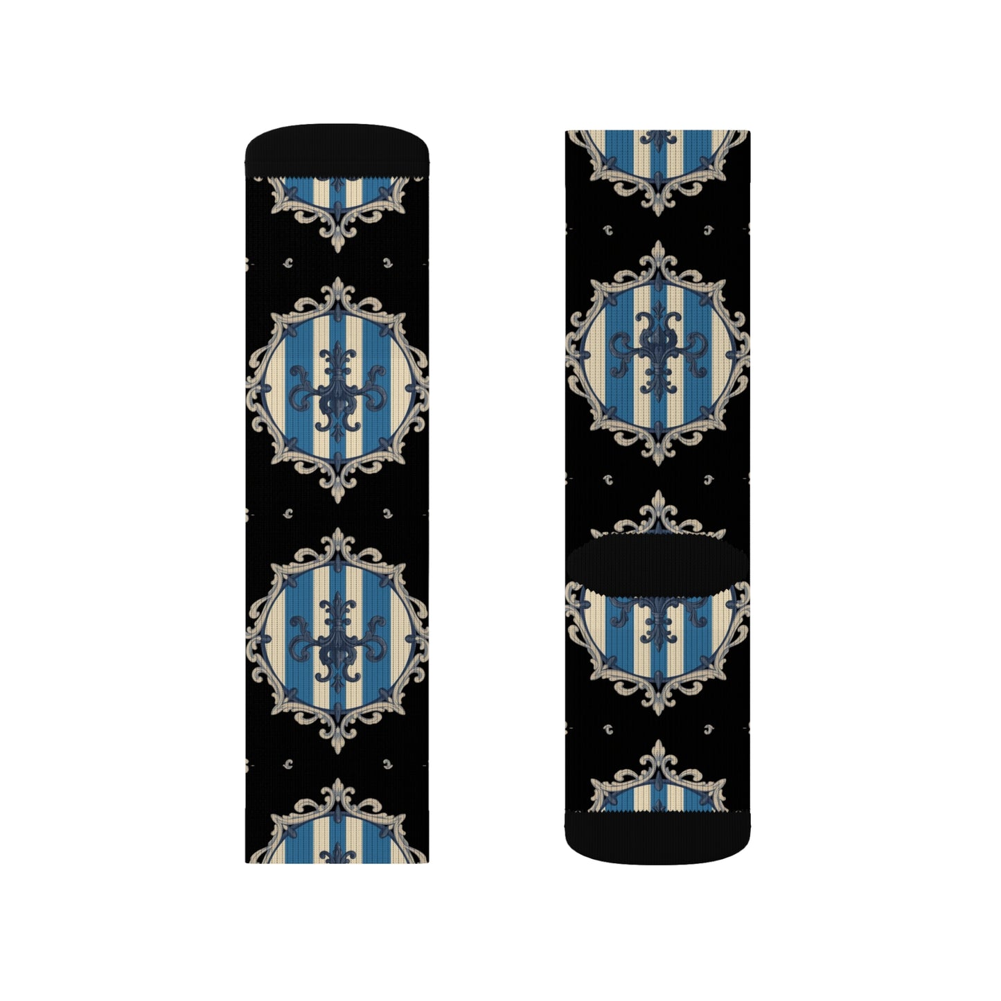 Chic Blue & Alabaster Striped Baroque Patterned Socks for Cozy Fashion, Sublimation Socks, Unique Gift for Her, Stylish Wardrobe Addition