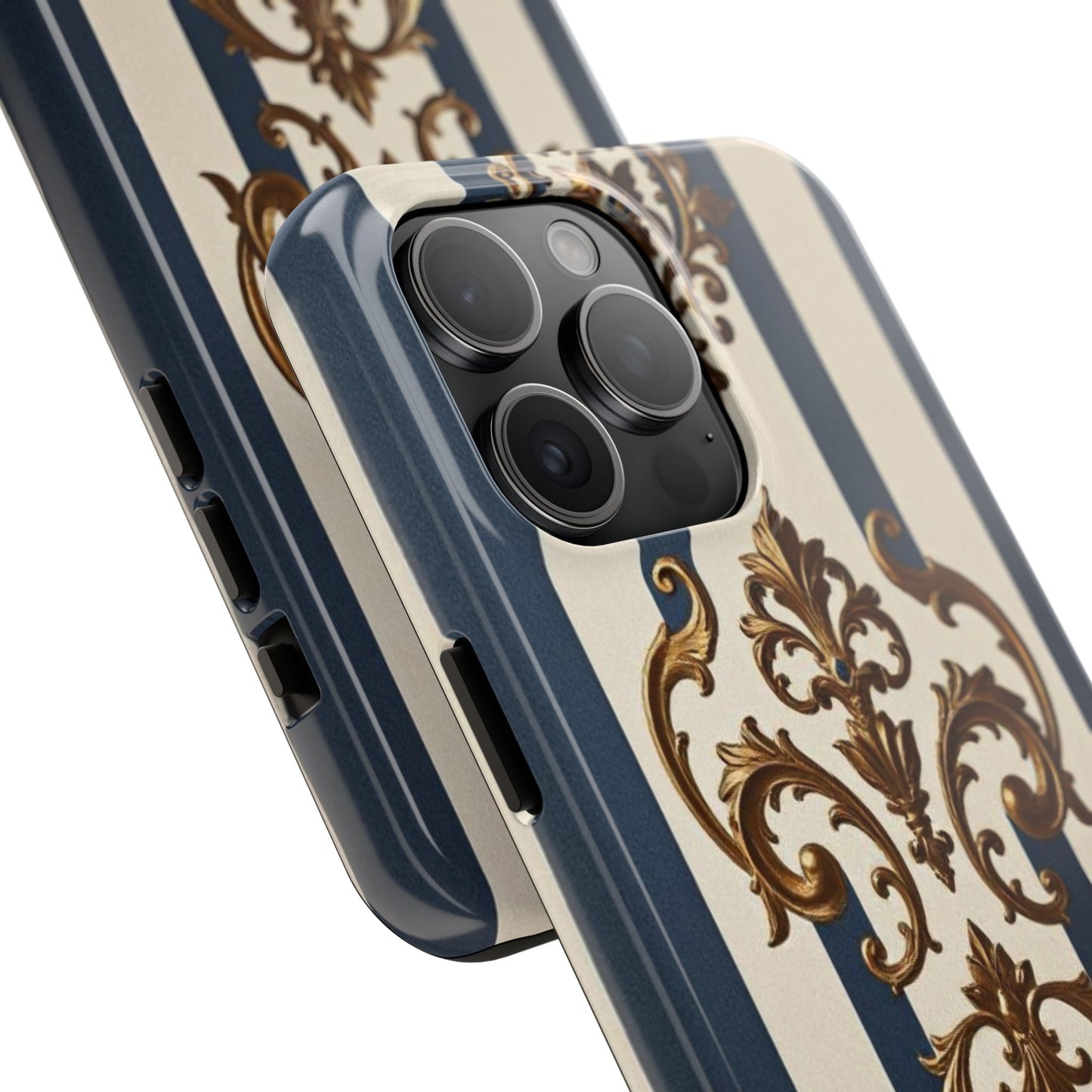 Damask Tough Phone Case - Alabaster & Blue Striped Damask