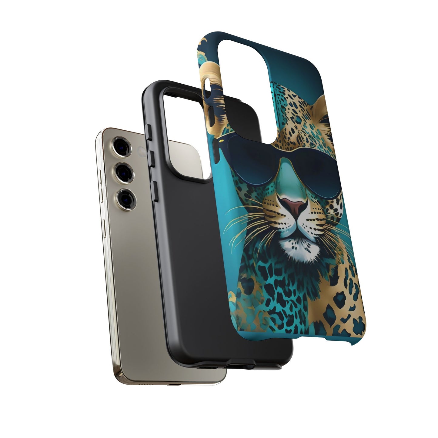 Phone Case - Aqua & Gold Leopard In Sunglasses Design