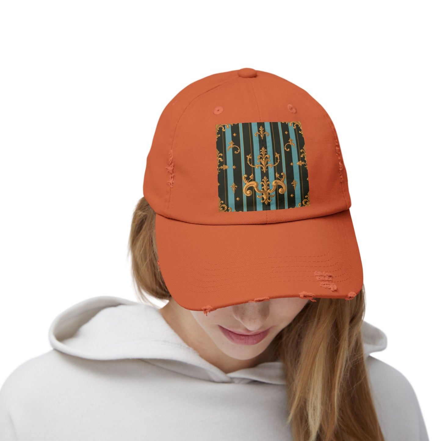 Vintage-Inspired Unisex Distressed Cap with Elegant Stripes and Ornate Design, Casual Hat for Fashion Lovers - Black & Turquoise Striped Baroque