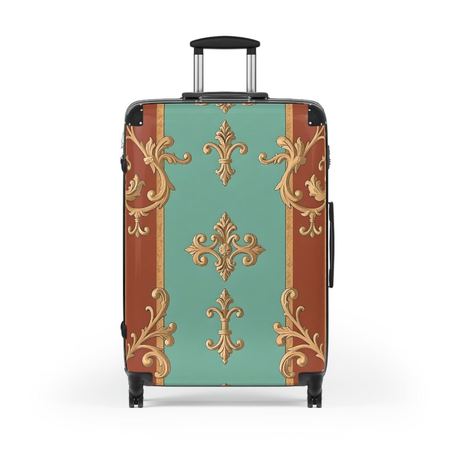 Elegant Travel Suitcase with Vintage Design - Rust & Mint Aqua Striped Baroque