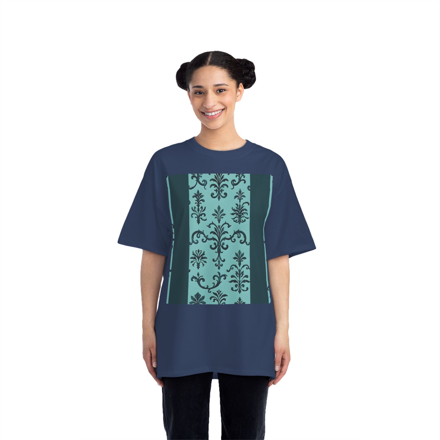 Elegant Floral T-Shirt - Vintage Design, Casual Wear, Gift for Her, Summer Fashion, Stylish Tee - Teal Striped Rococo