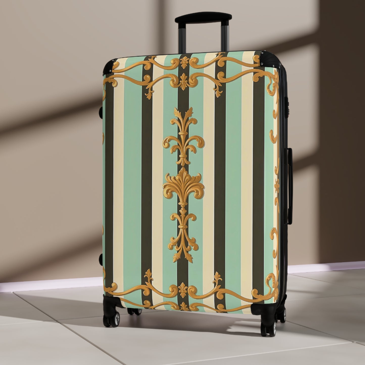 Elegant Striped Suitcase, Stylish Travel Luggage, Unique Carry-On, Trendy Vacation Bag - Black & Matte Mint Striped Rococo